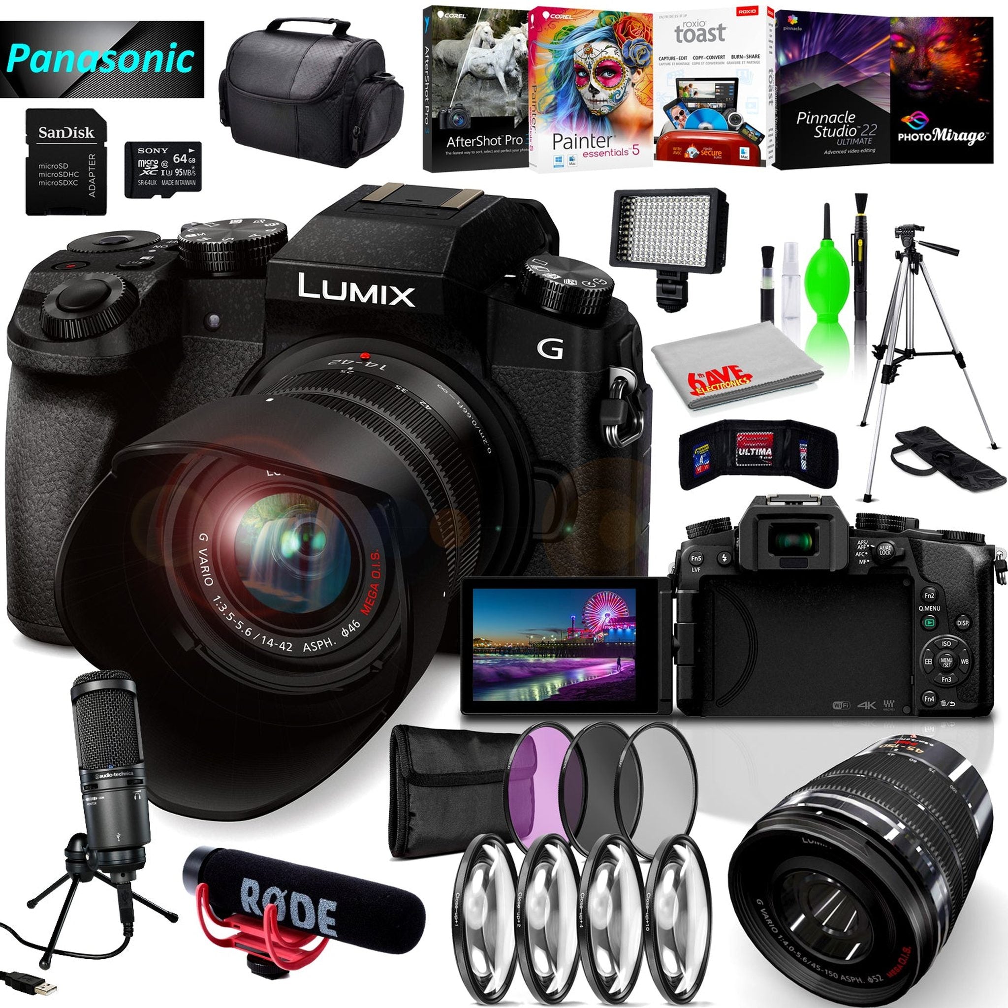 Panasonic Lumix DMC-G7 Mirrorless MFT Digital Camera, 45-150mm Lens, Close Up & UV Filters, Condenser USB Mic & Camera Mic Advanced Bundle Panasonic