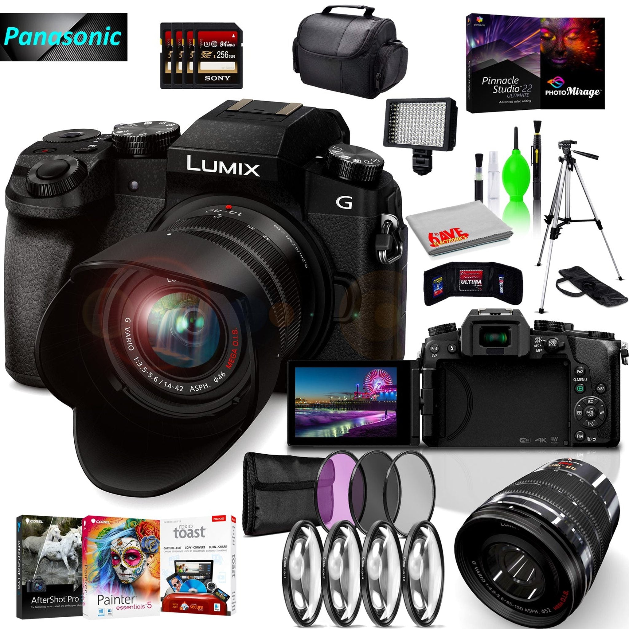 Panasonic Lumix DMC-G7 Mirrorless MFT Digital Camera, 45-150mm Lens, Close Up & UV Filters, Corel Editing Software, 4x 256GB SD Card & Cleaning Bundle Panasonic