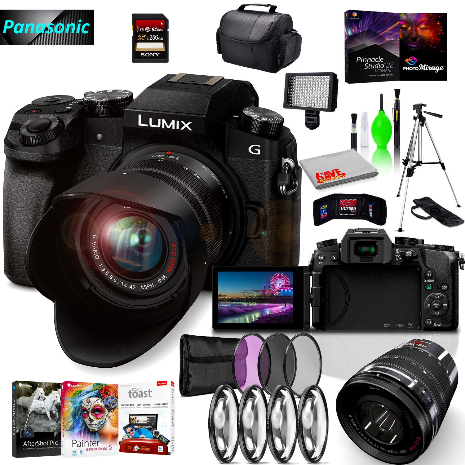 Panasonic Lumix DMC-G7 Mirrorless MFT Digital Camera, 45-150mm Lens, Close Up & UV Filters, Corel Editing Software, 256GB SD Card& Cleaning Kit Bundle Panasonic