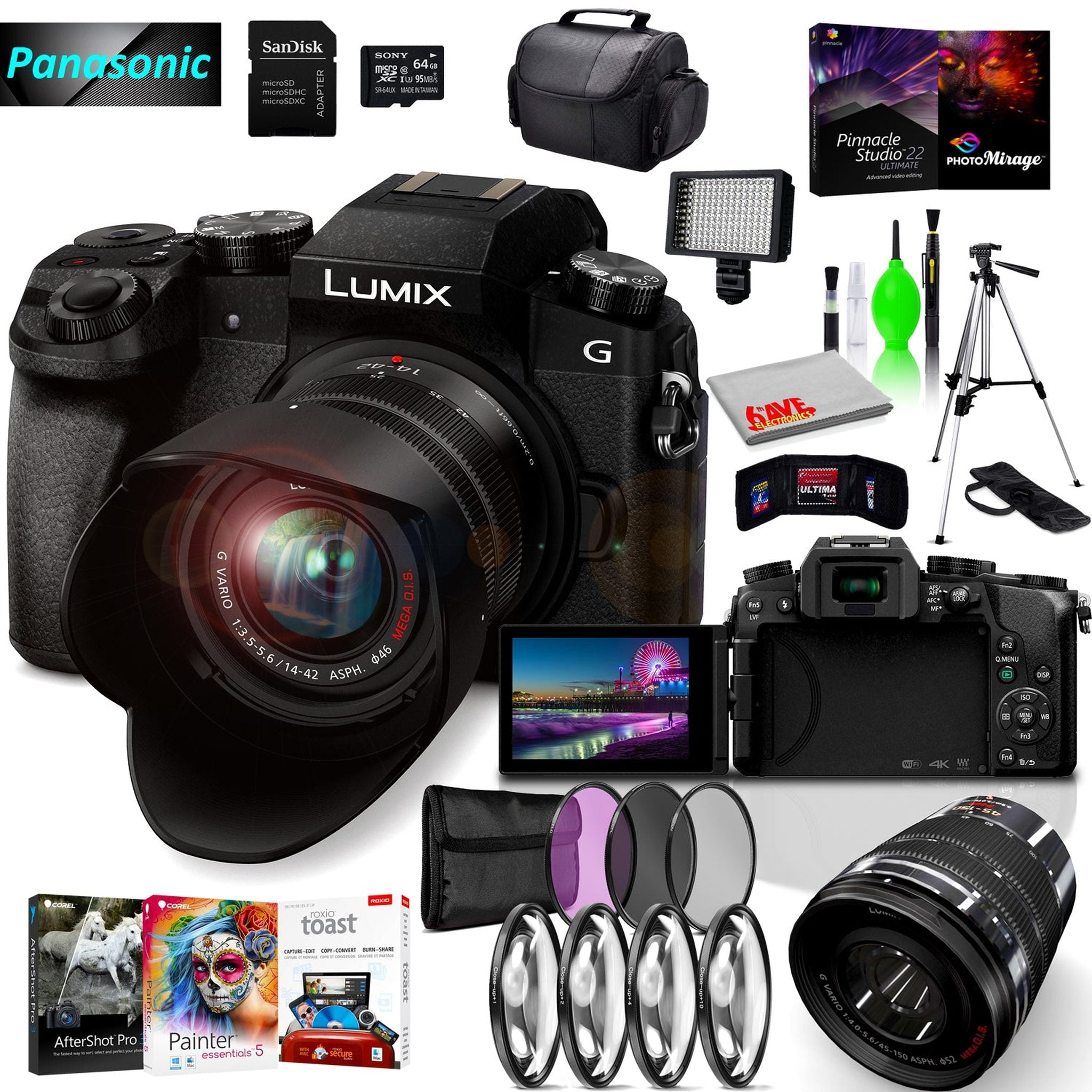 Panasonic Lumix DMC-G7 Mirrorless MFT Digital Camera, 45-150mm Lens, Close Up & UV Filters, Corel Editing Software, 64GB SD Card& Cleaning Kit Bundle Panasonic