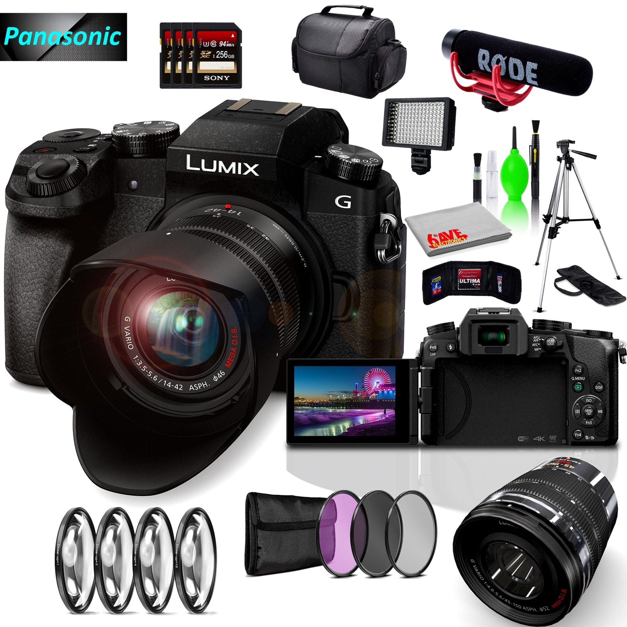 Panasonic Lumix DMC-G7 Mirrorless MFT Digital Camera, 45-150mm Lens, Close Up & UV Filters, Condenser USB Mic & Camera Mic, 4x 256GB SD Card Bundle Panasonic