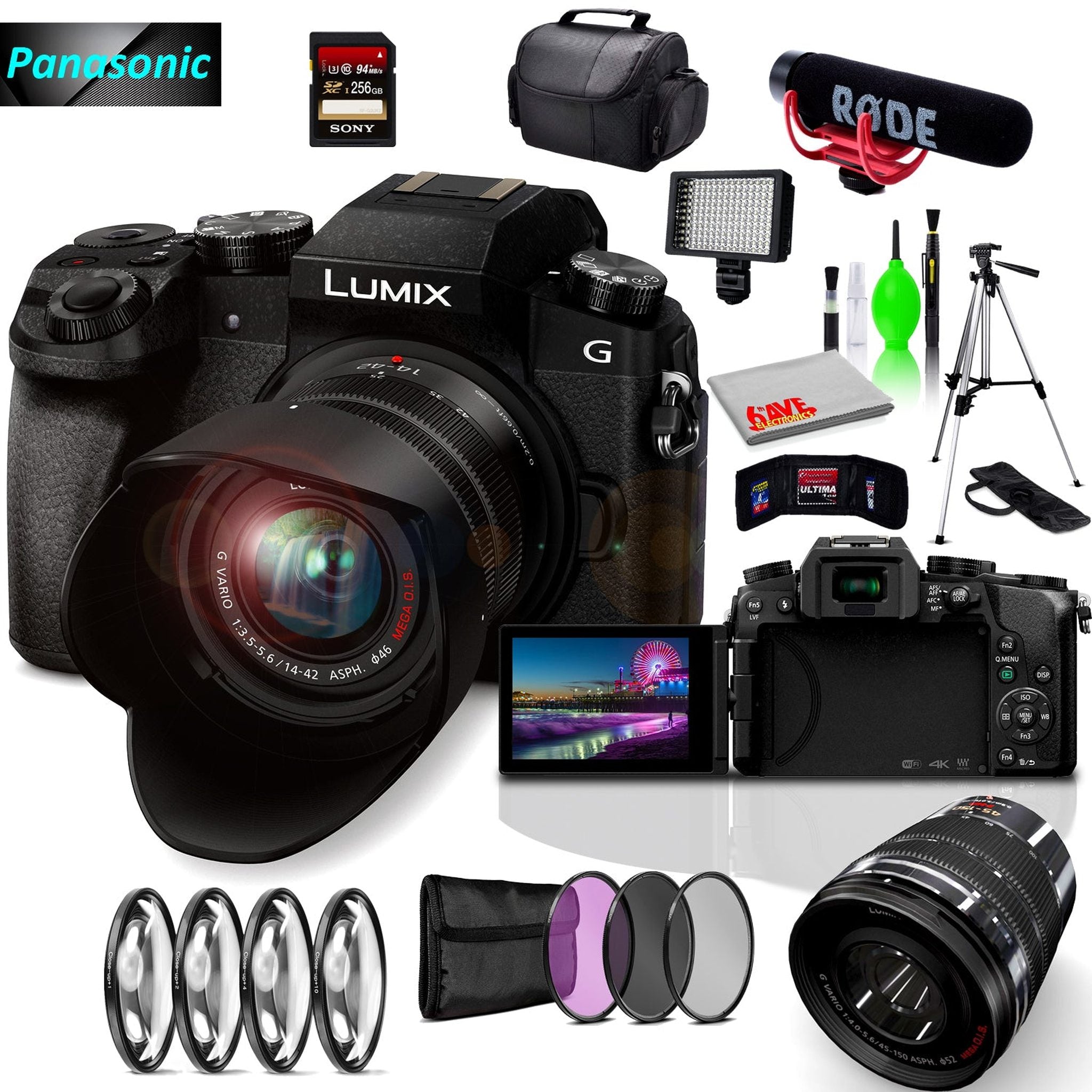 Panasonic Lumix DMC-G7 Mirrorless MFT Digital Camera, 45-150mm Lens, Close Up & UV Filters, Condenser USB Mic & Camera Mic, 256GB SD Card Bundle Panasonic