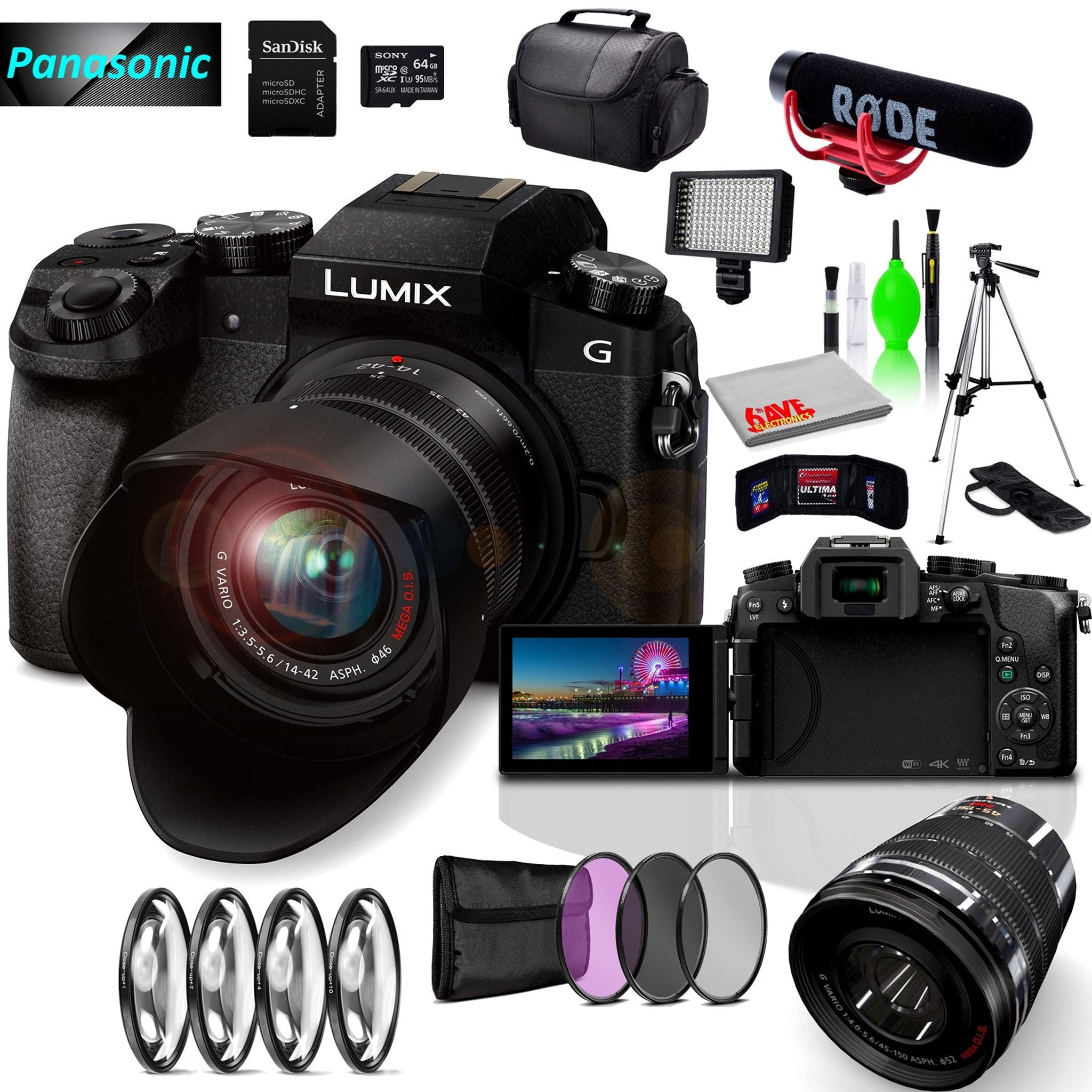 Panasonic Lumix DMC-G7 Mirrorless MFT Digital Camera, 45-150mm Lens, Close Up & UV Filters, Condenser USB Mic & Camera Mic, 64GB SD Card Bundle Panasonic