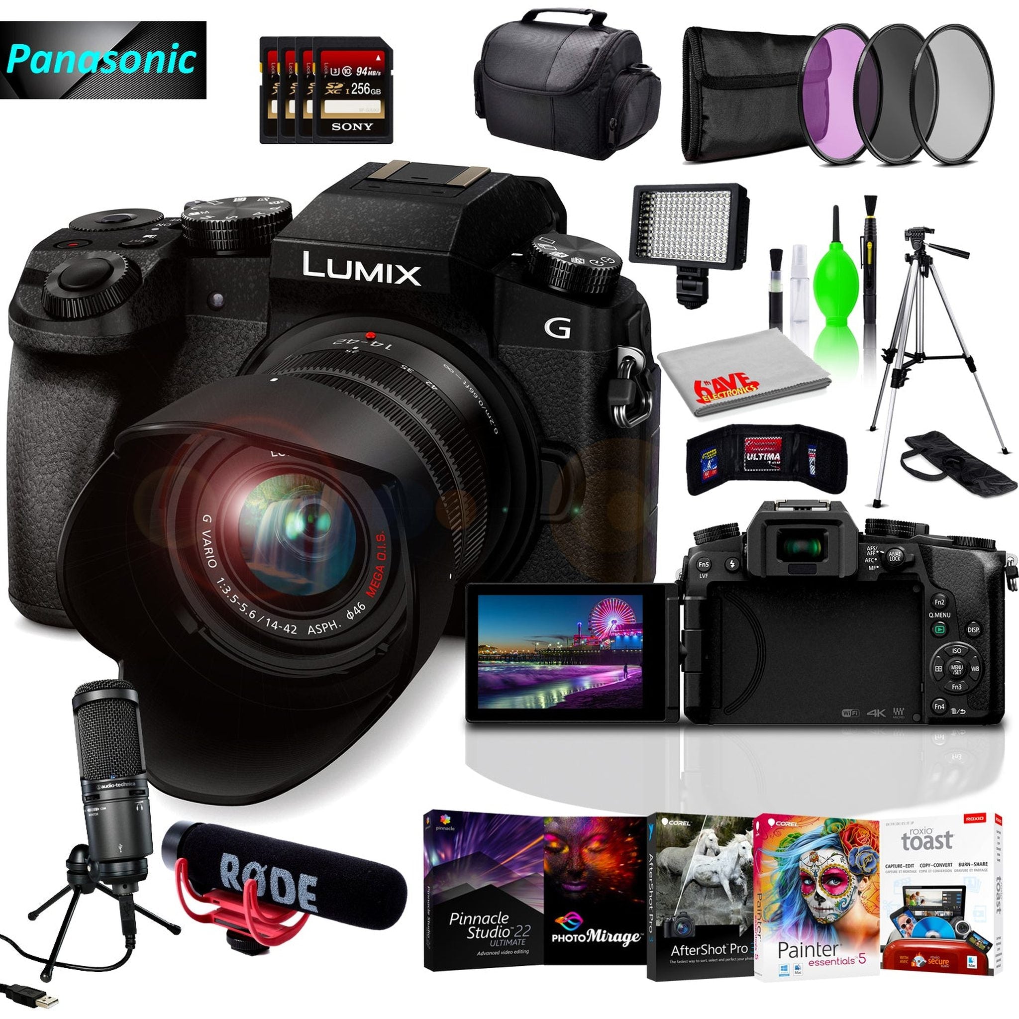 Panasonic Lumix DMC-G7 Mirrorless MFT Digital Camera, Condenser USB Mic & Camera Mic, Corel Editing Software Bundle, 4x 256GB SD Card Bundle Panasonic