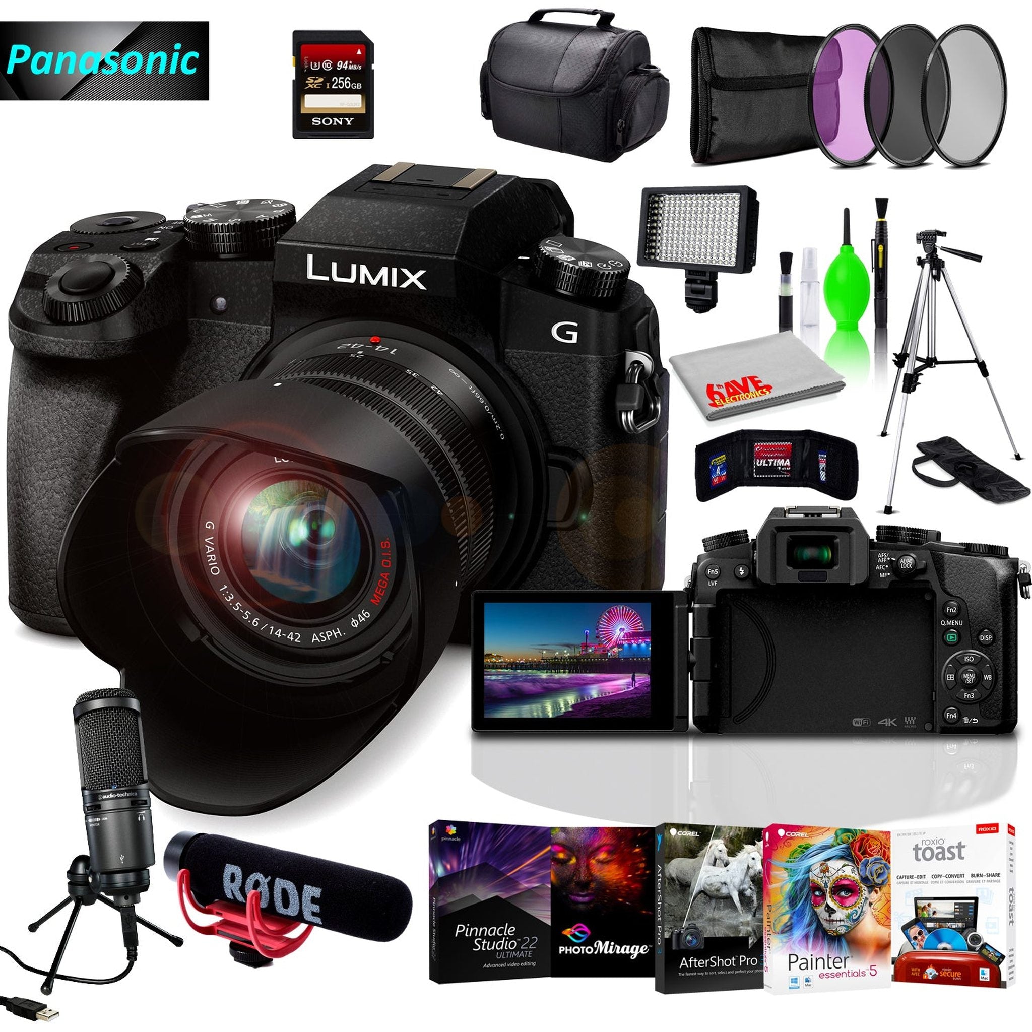 Panasonic Lumix DMC-G7 Mirrorless MFT Digital Camera, Condenser USB Mic & Camera Mic, Corel Editing Software Bundle, 256GB SD Card Bundle Panasonic