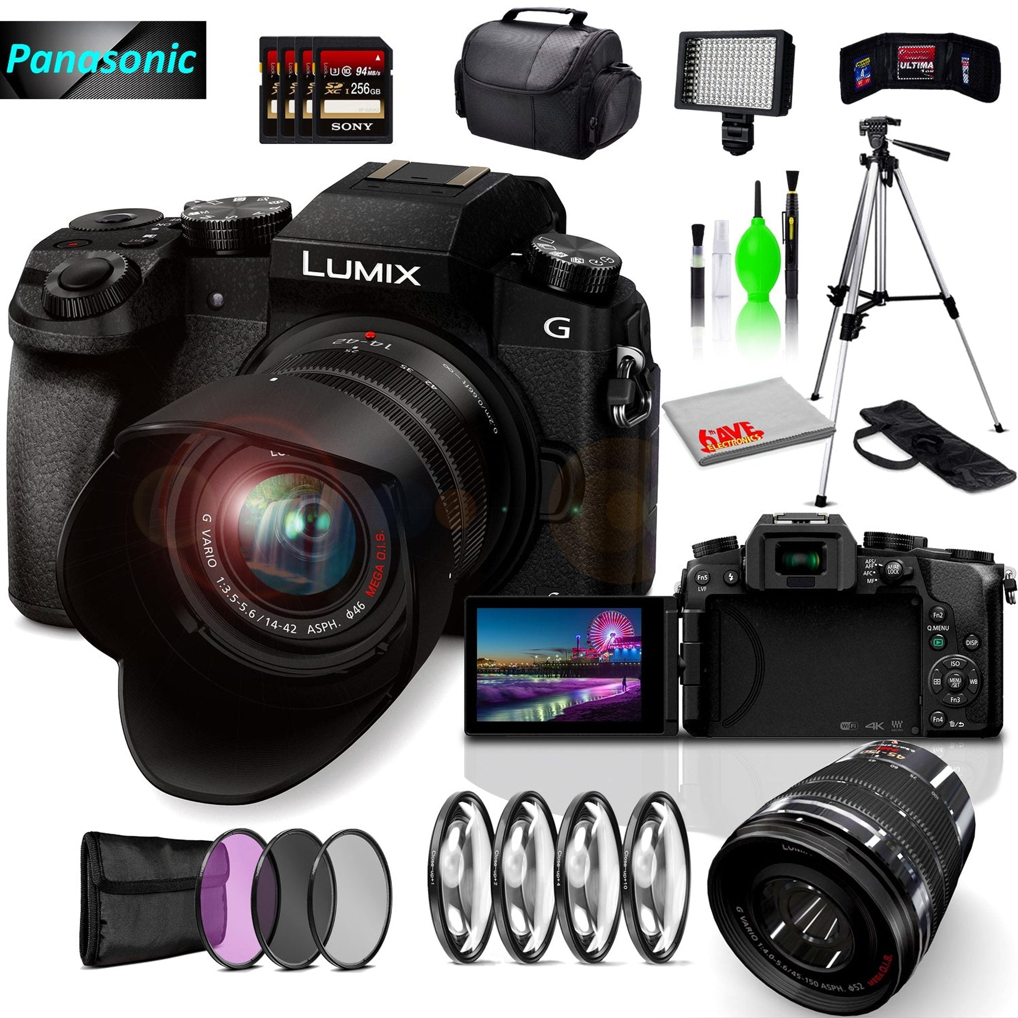 Panasonic Lumix DMC-G7 Mirrorless MFT Digital Camera, 45-150mm Lens, Close Up & UV Filters, 4x 256GB SD Card & Cleaning Kit Panasonic