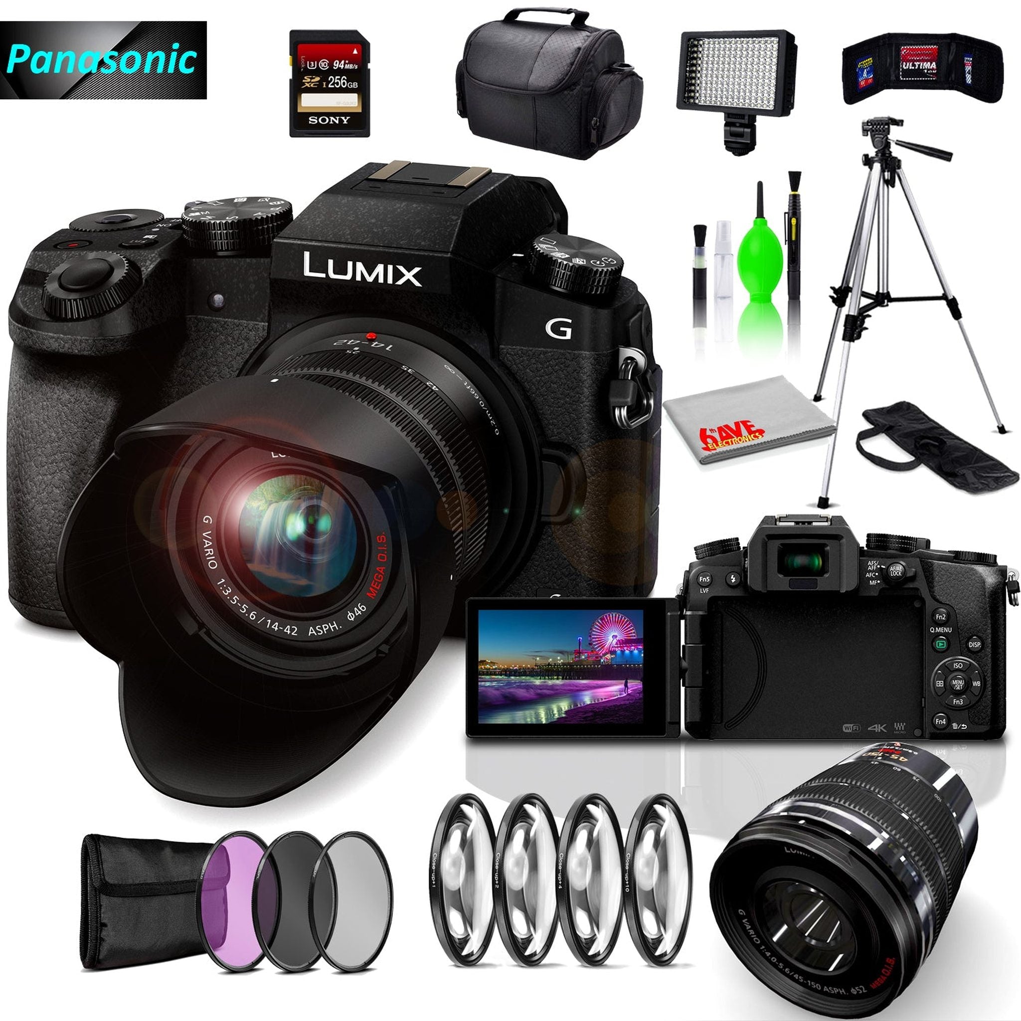 Panasonic Lumix DMC-G7 Mirrorless MFT Digital Camera, 45-150mm Lens, Close Up & UV Filters, 256GB SD Card& Cleaning Kit Panasonic