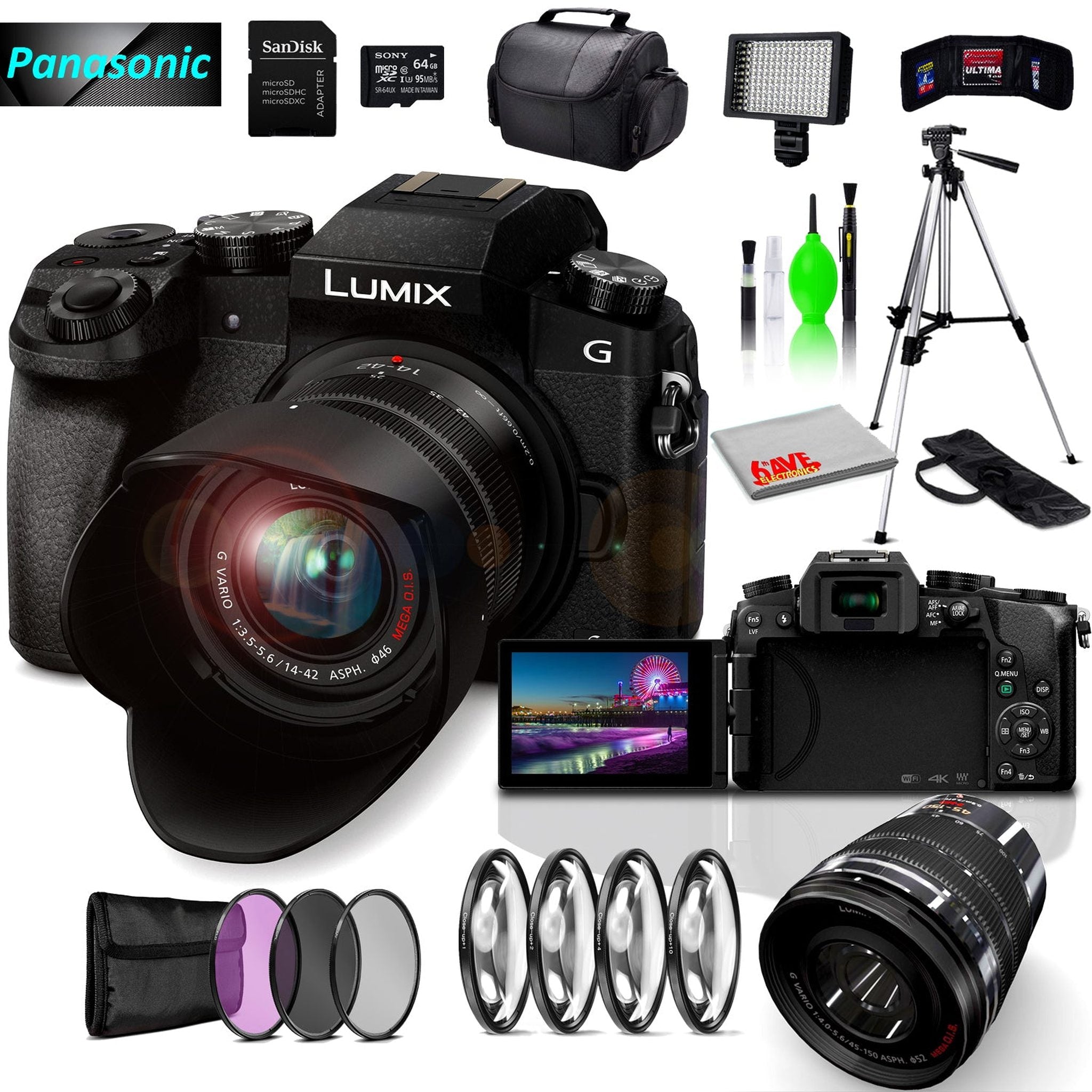 Panasonic Lumix DMC-G7 Mirrorless MFT Digital Camera, 45-150mm Lens, Close Up & UV Filters, 64GB SD Card& Cleaning Kit Panasonic