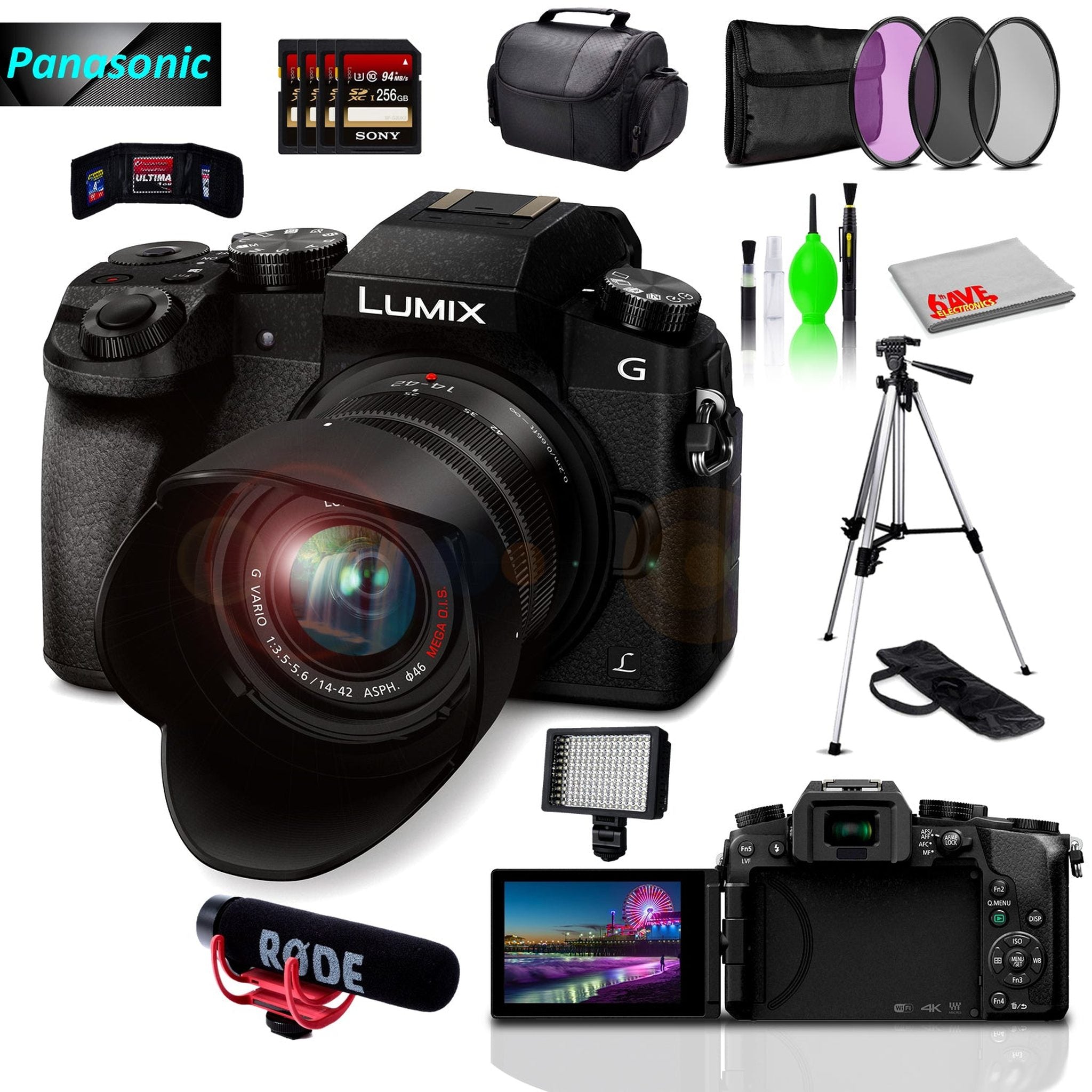 Panasonic Lumix DMC-G7 Mirrorless MFT Digital Camera, Condenser USB Mic & Camera Mic, 4x 256GB SD Card & Cleaning Kit Panasonic