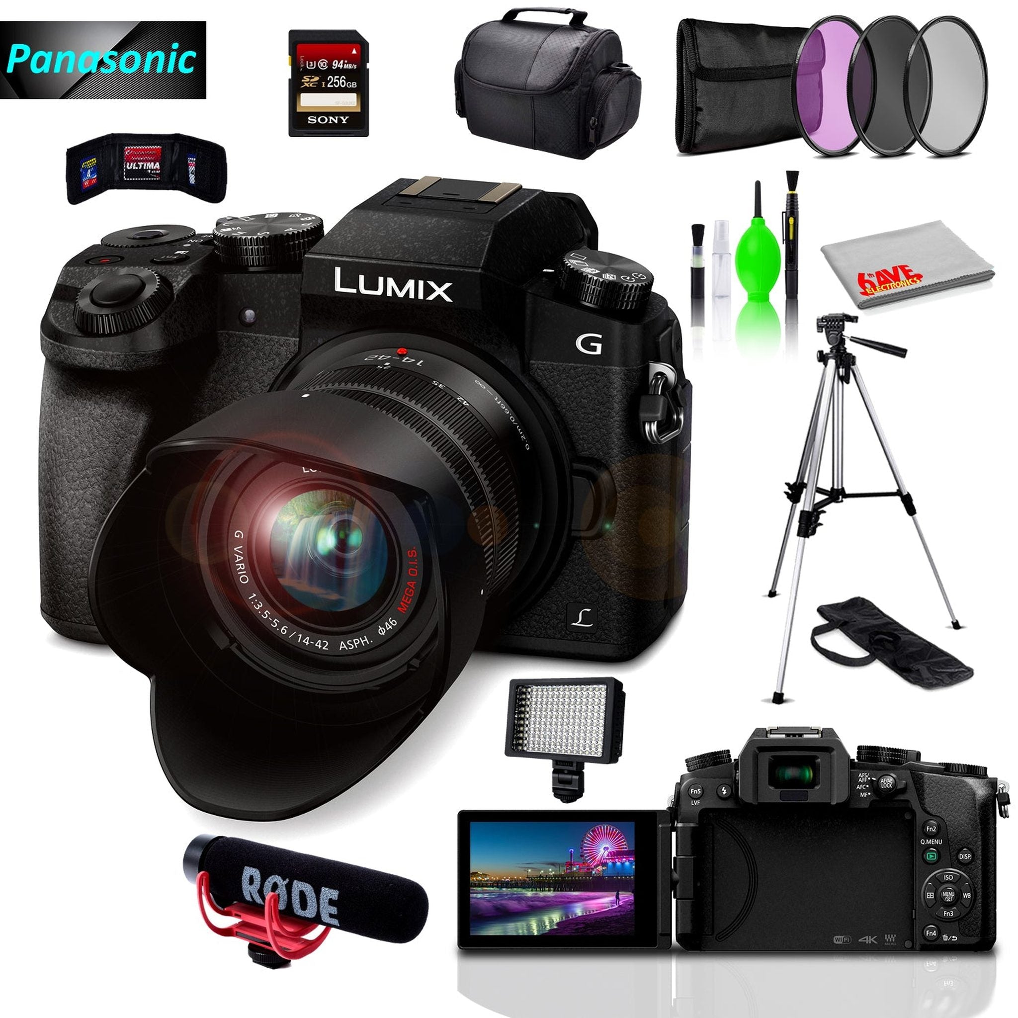 Panasonic Lumix DMC-G7 Mirrorless MFT Digital Camera, Condenser USB Mic & Camera Mic, 256GB SD Card& Cleaning Kit Panasonic