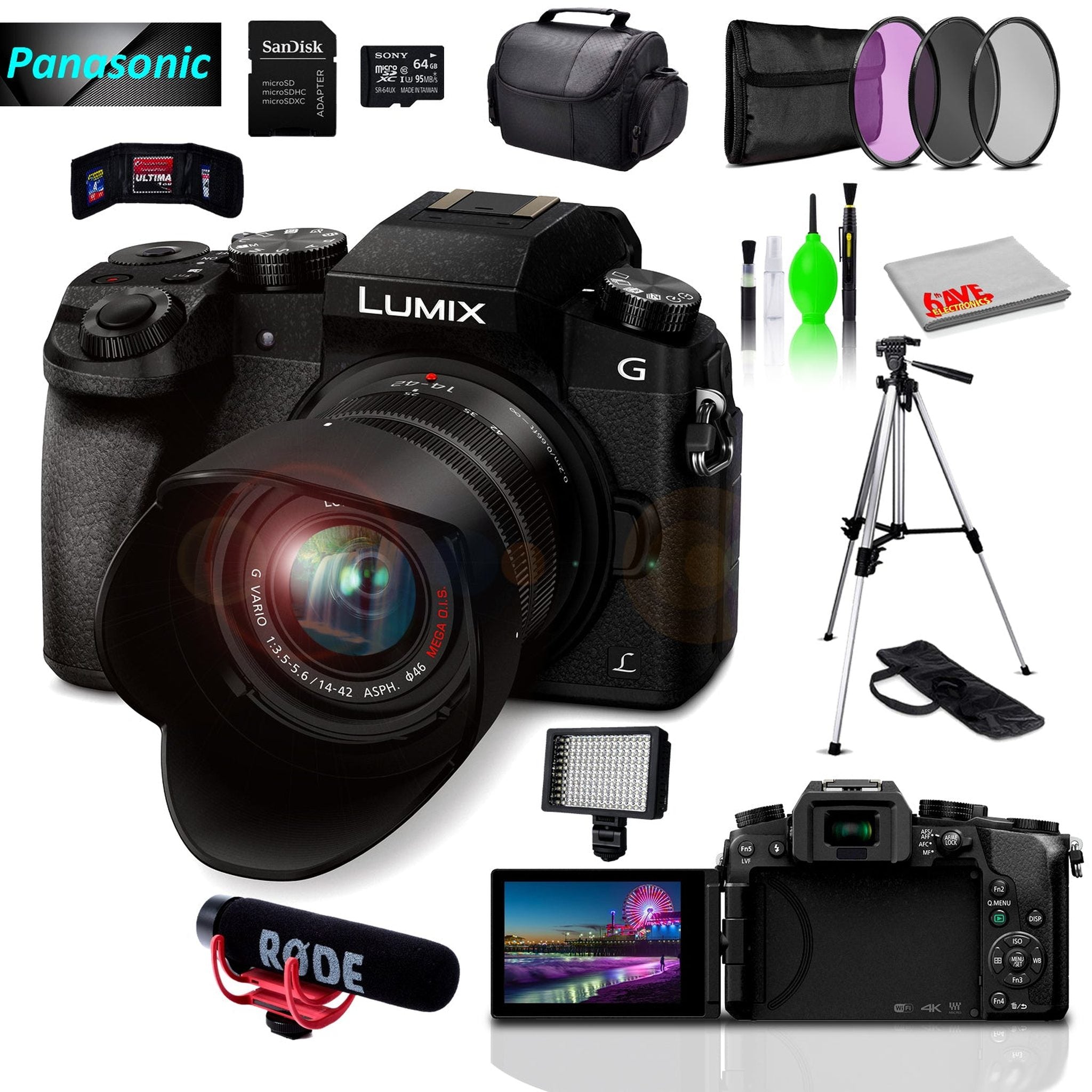 Panasonic Lumix DMC-G7 Mirrorless MFT Digital Camera, Condenser USB Mic & Camera Mic, 64GB SD Card& Cleaning Kit Panasonic