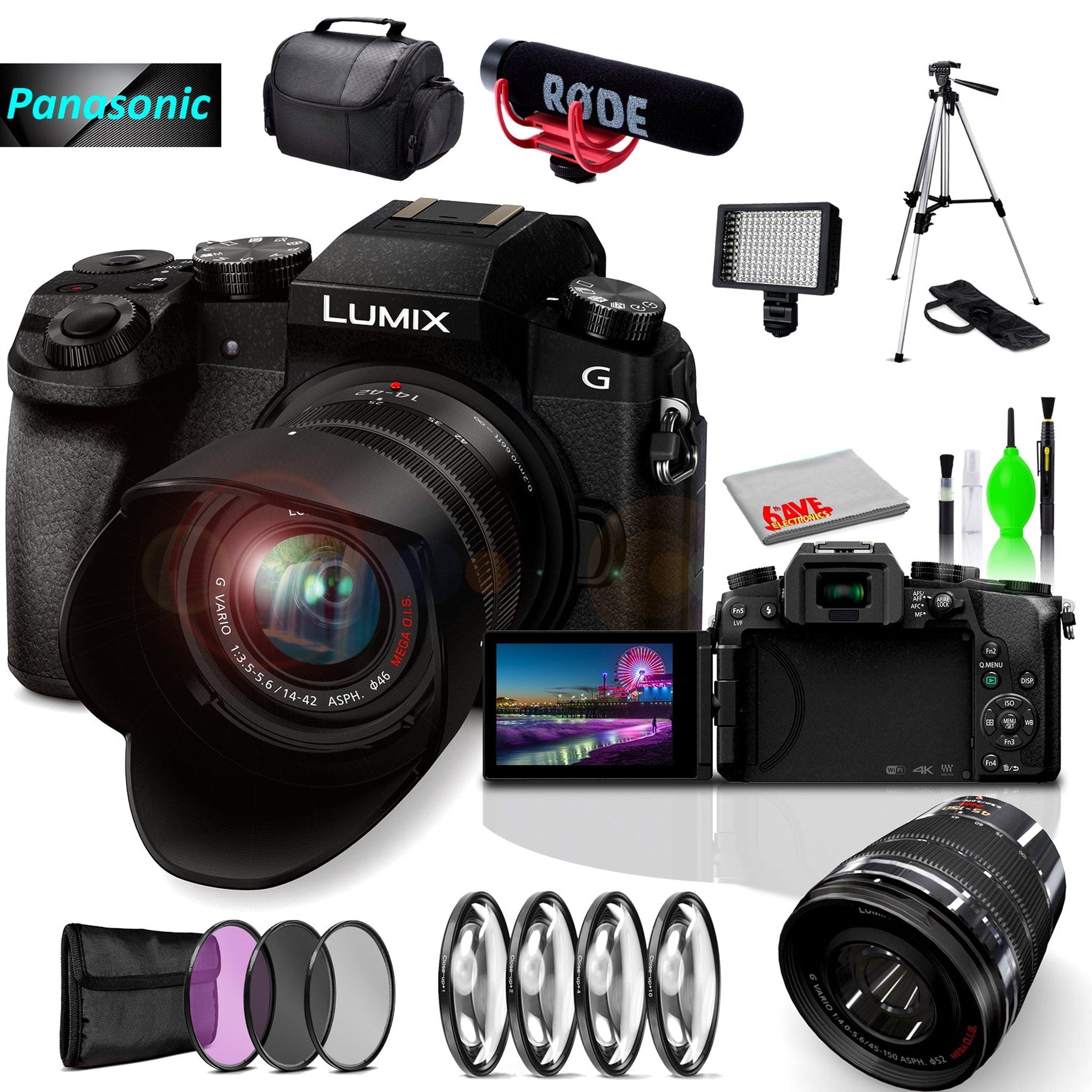 Panasonic Lumix DMC-G7 Mirrorless MFT Digital Camera, 45-150mm Lens, Close Up & UV Filters, Condenser USB Mic & Camera Mic & Cleaning Kit Panasonic