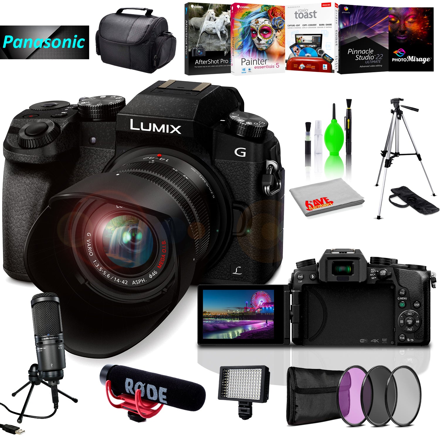 Panasonic Lumix DMC-G7 Mirrorless MFT Digital Camera, Condenser USB Mic & Camera Mic, Corel Editing Software Bundle & Cleaning Kit Panasonic