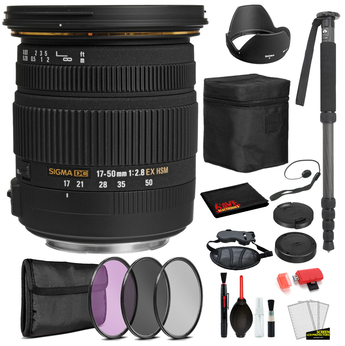 Sigma 17-50mm f/2.8 EX DC OS HSM Lens for Canon EF with Bundle Includes: Pro Series Monopod, 3PC Filter Kit + More Sigma