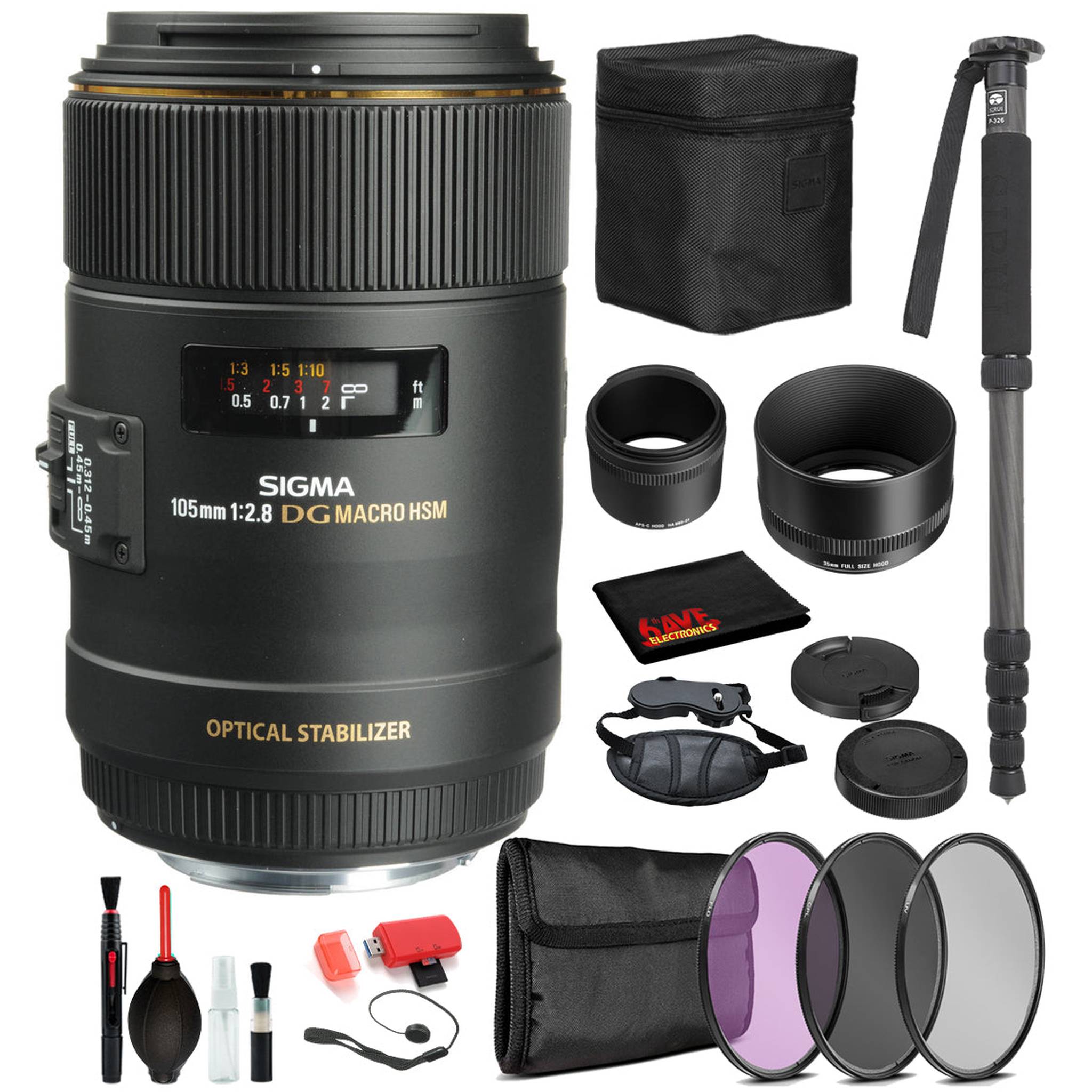 Sigma 105mm f/2.8 EX DG OS HSM Macro Lens for Canon EF with Bundle ncludes: Pro Series Monopod, 3PC Filter Kit + More Sigma