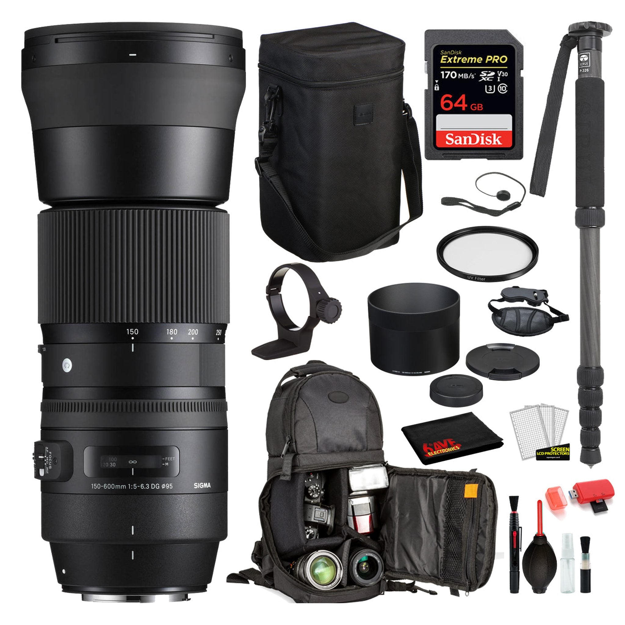 Sigma 150-600mm f/5-6.3 DG OS HSM Contemporary Lens for Canon EF with Bundles: SanDisk Extreme Pro 64gb SD Card + More Sigma