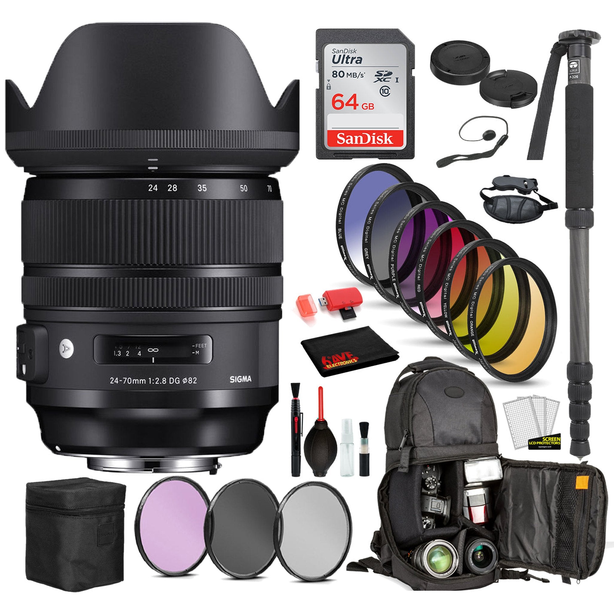 Sigma 24-70mm f/2.8 DG OS HSM Art Lens for Canon EF with Bundle Includes: Sandisk 64gb SD Card, 9PC Filter Kit + More Sigma