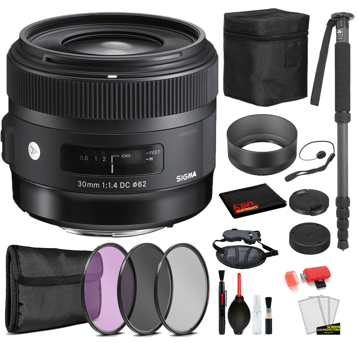 Sigma 30mm f/1.4 DC HSM Art Lens for Nikon F with Bundle Includes: Pro Series Monopod, 3PC Filter Kit + More Sigma