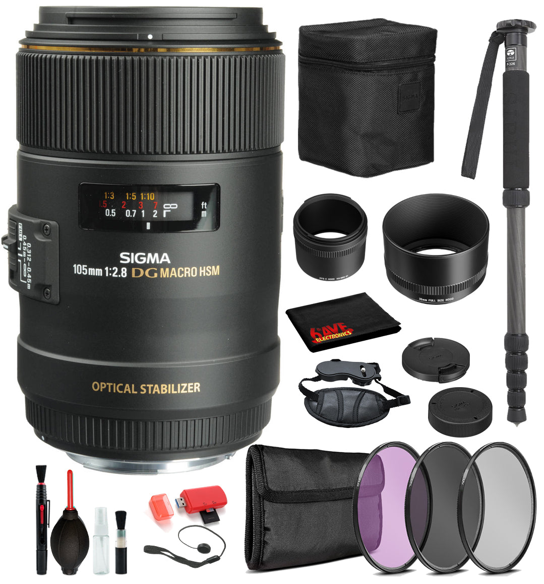 Sigma 105mm f/2.8 EX DG OS HSM Macro Lens for Nikon F with Bundle Includes: Pro Series Monopod, 3PC Filter Kit + More Sigma