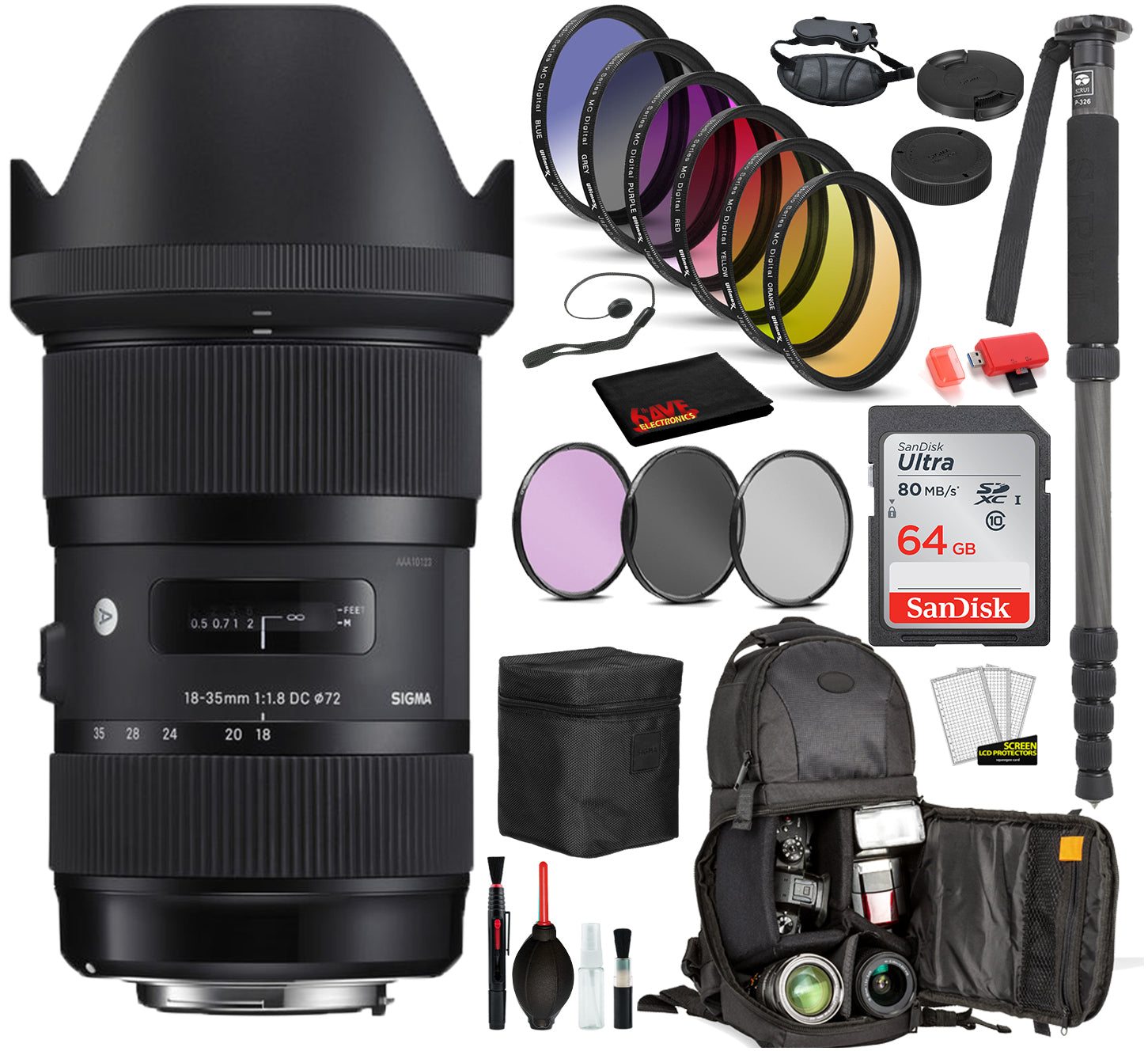 Sigma 18-35mm f/1.8 DC HSM Art Lens for Nikon F with Bundle Includes: Sandisk 64gb SD Card, 9PC Filter Kit + More Sigma