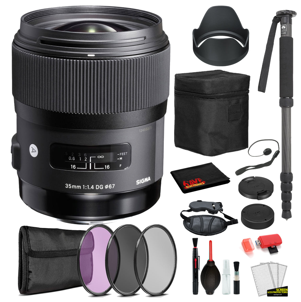 Sigma 35mm f/1.4 DG HSM Art Lens for Nikon F with Bundle Includes: 3PC Filter Kit + 70? Monopod + More Sigma