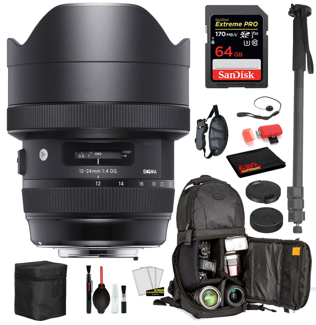 Sigma 12-24mm f/4 DG HSM Art Lens for Nikon F with Bundle: Sandisk extreme Pro 64gb SD Card, Sling Backpack + More Sigma