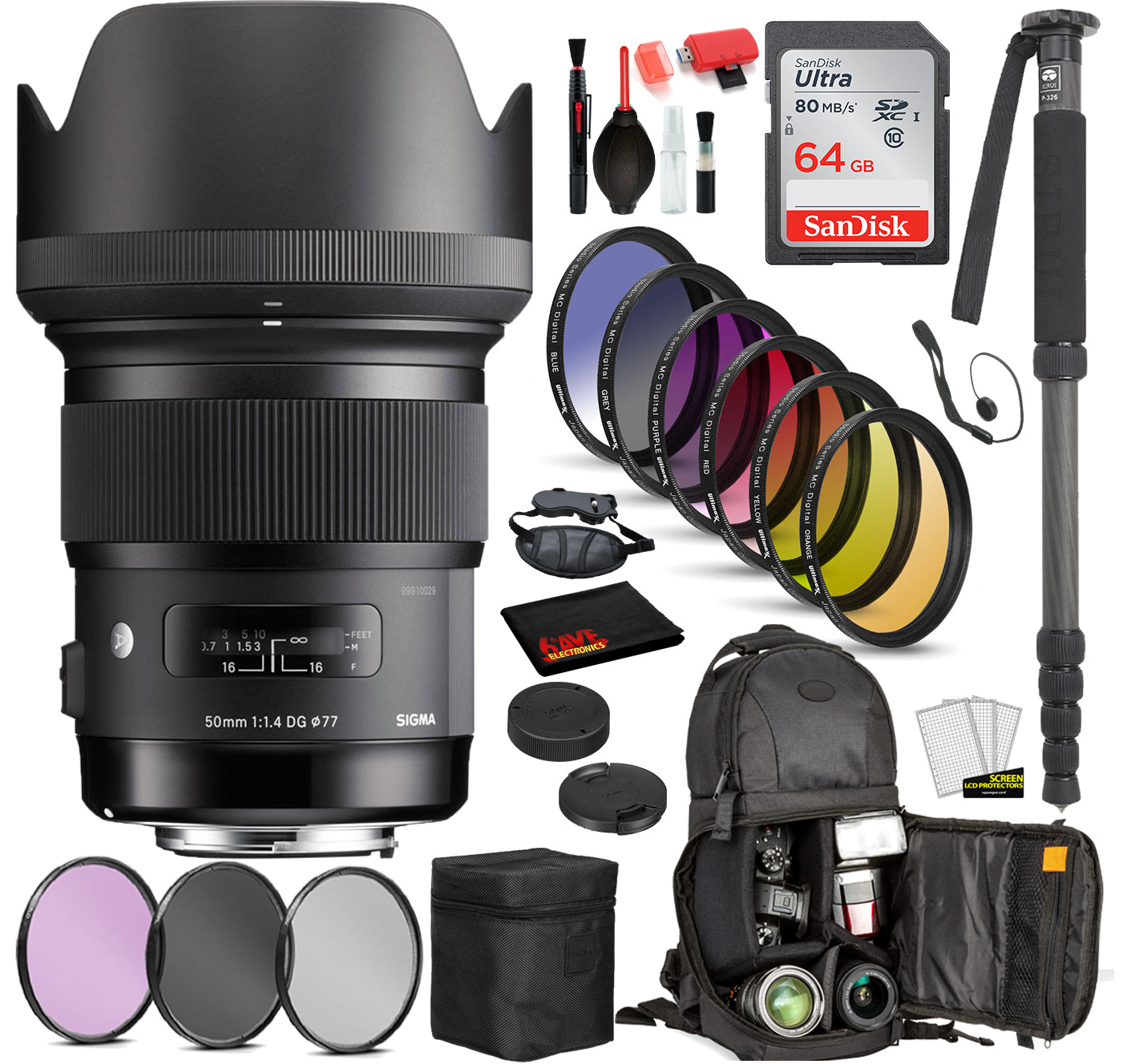 Sigma 50mm f/1.4 DG HSM Art Lens for Nikon F with Bundle: Sandisk 64gb SD Card, 9PC Filter Kit + More Sigma