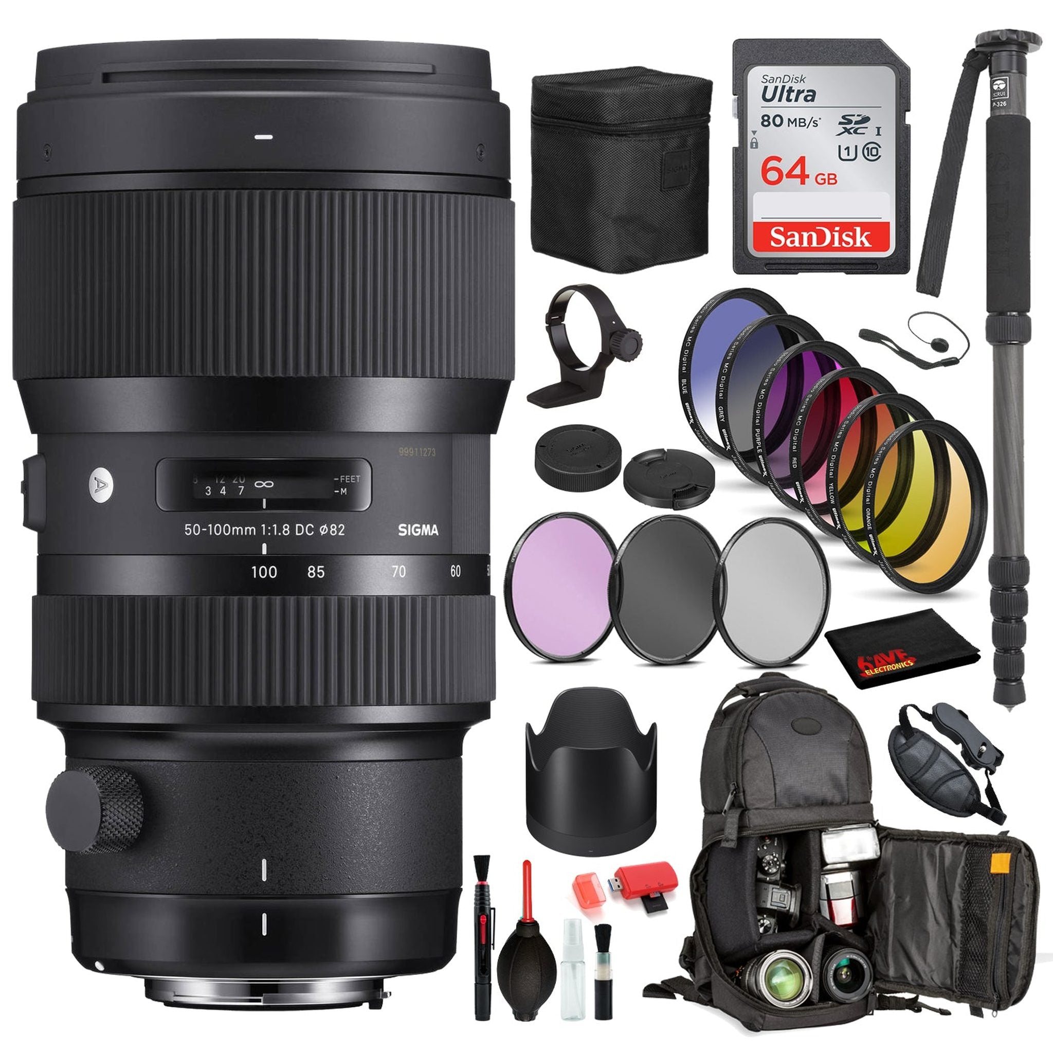 Sigma 50-100mm f/1.8 DC HSM Art Lens for Nikon F with Bundle Includes: Sandisk 64gb SD Card, 9PC Filter Kit + More Sigma