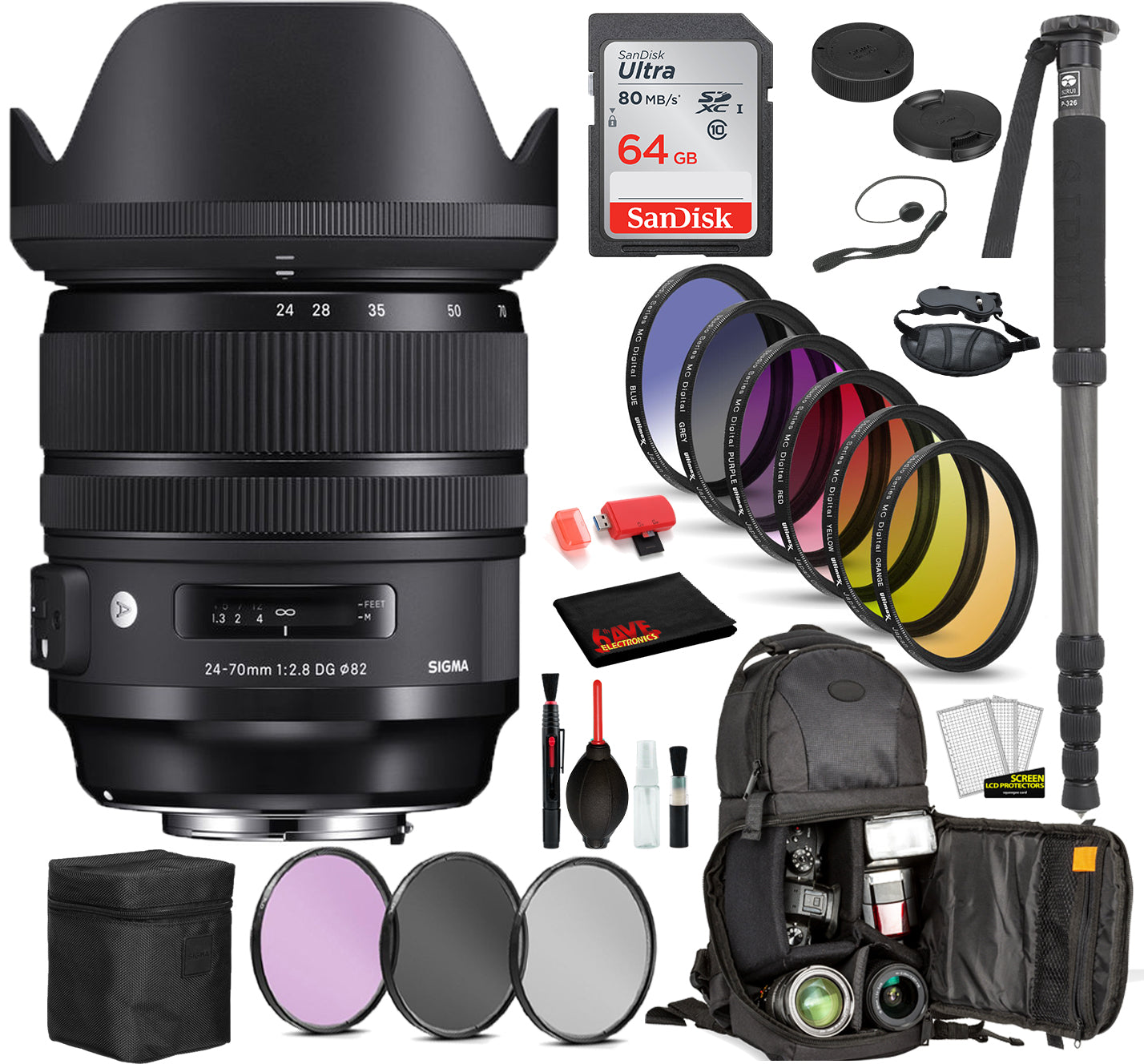 Sigma 24-70mm f/2.8 DG OS HSM Art Lens for Nikon F with Bundle Includes: Sandisk 64gb SD Card, 9PC Filter Kit + More Sigma