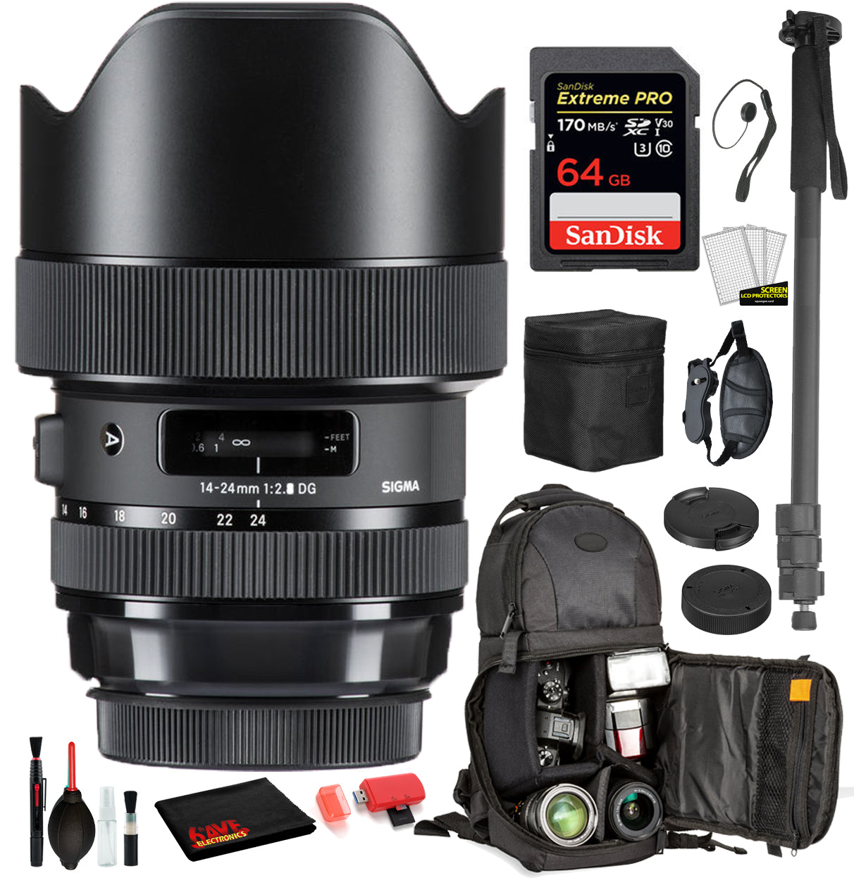 Sigma 14-24mm f/2.8 DG HSM Art Lens for Nikon F with Bundle: Sandisk extreme Pro 64gb SD Card, Sling Backpack + More Sigma