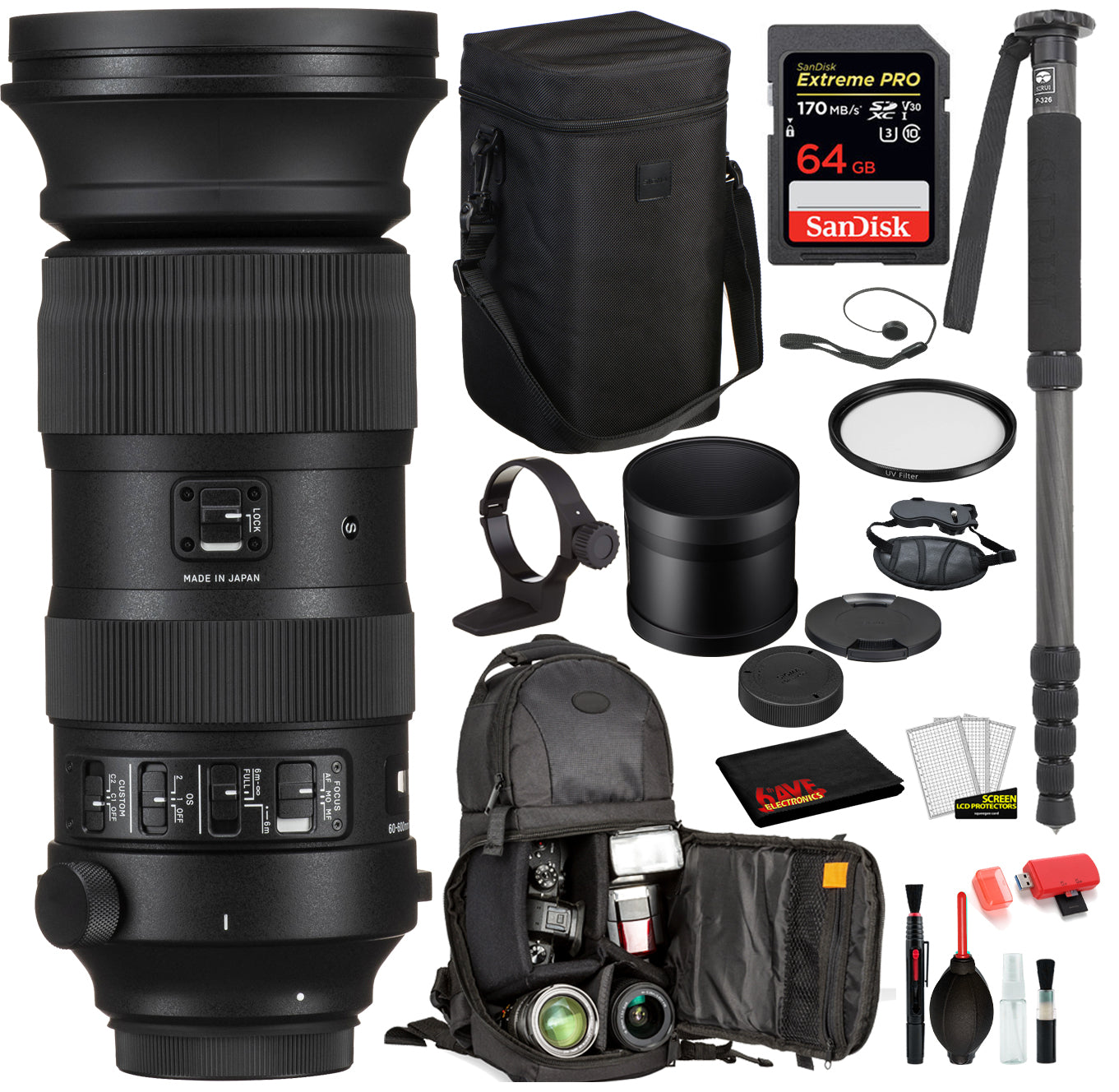 Sigma 60-600mm f/4.5-6.3 DG OS HSM Sports Lens for Nikon F with Bundle: SanDisk Extreme Pro 64gb SD Card + More Sigma