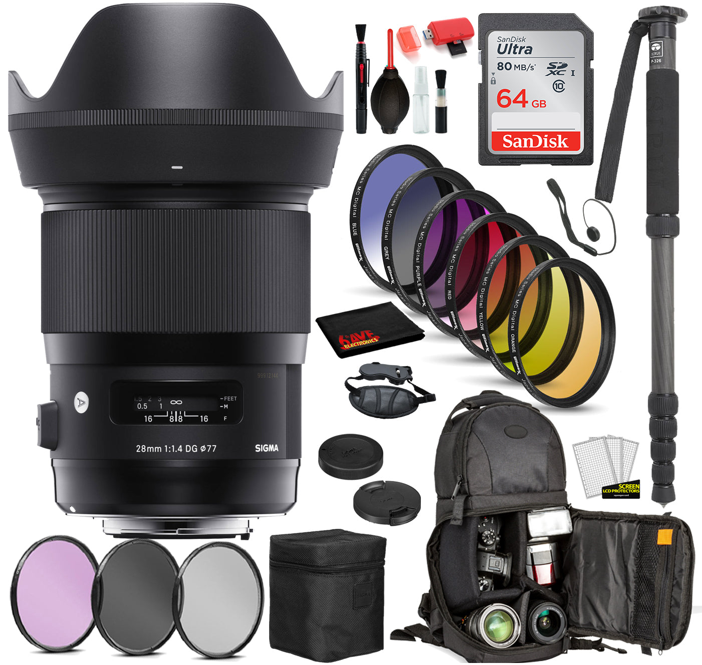 Sigma 28mm f/1.4 DG HSM Art Lens for Sony E Mount 441965 with: Sandisk 64gb SD Card, 9PC Filter Kit + More Sigma