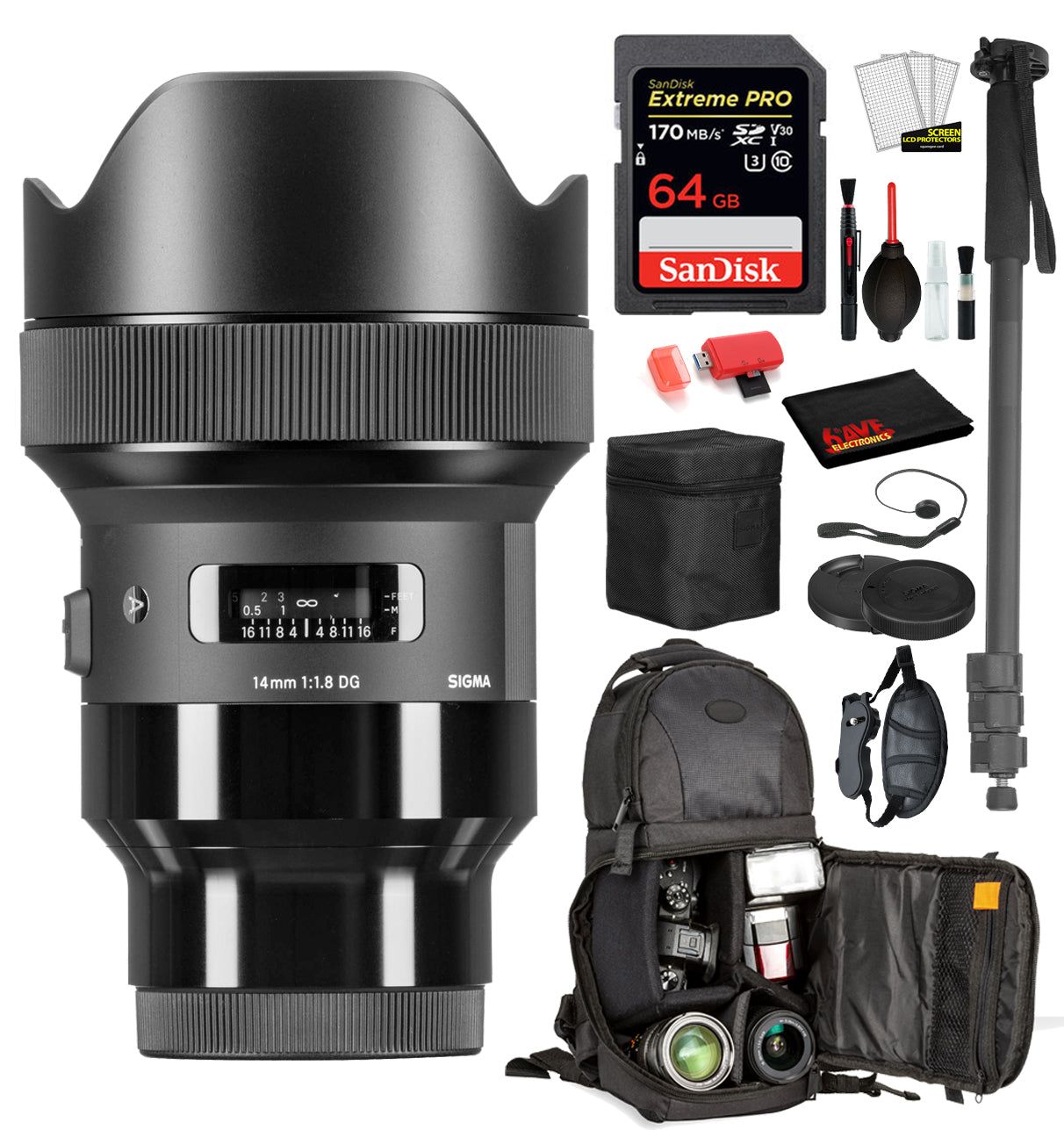 Sigma 14mm f/1.8 DG HSM Art Lens for Sony E Mount 450965 with: Sandisk extreme Pro 64gb SD Card, Sling Backpack + More Sigma