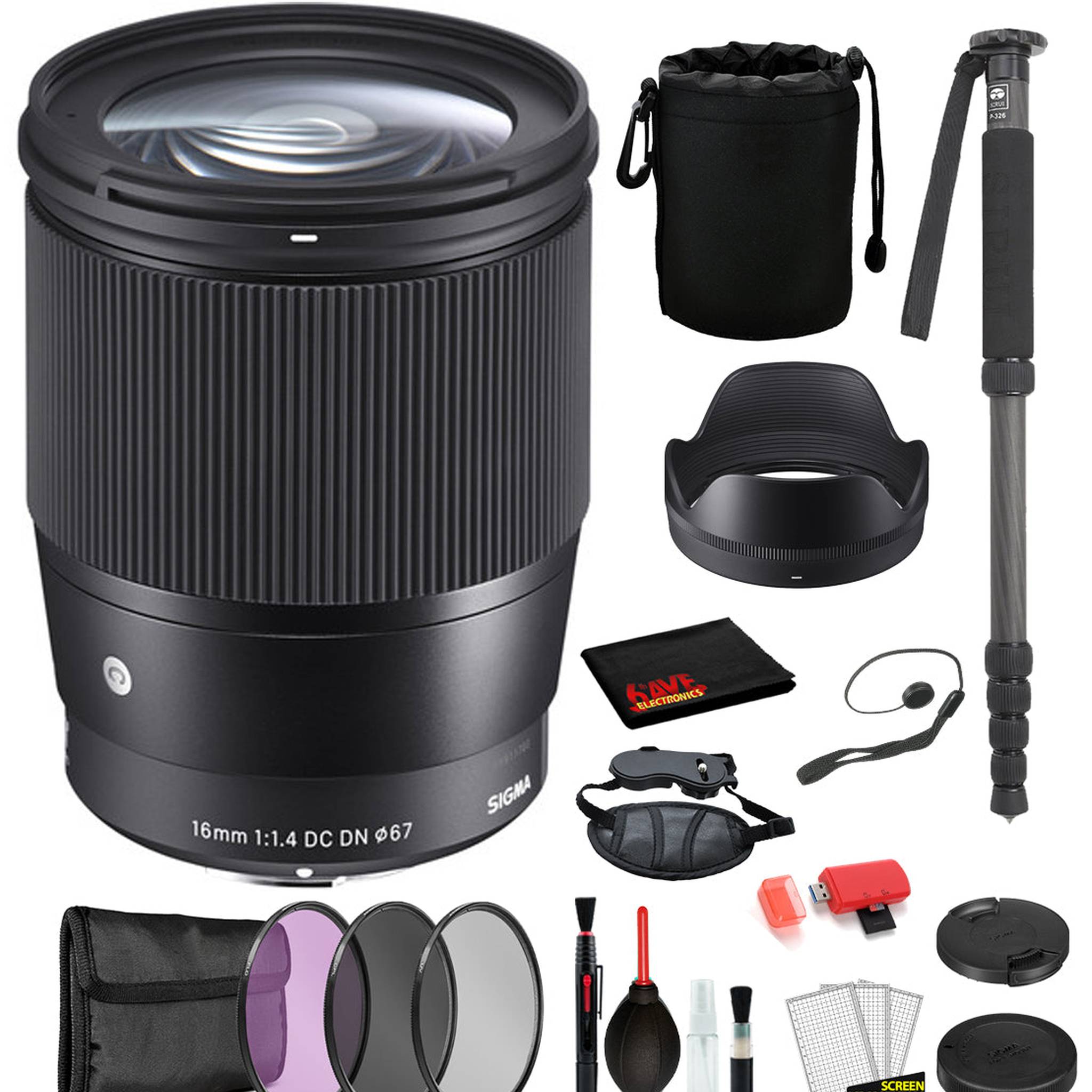 Sigma 16mm f/1.4 DC DN Contemporary Lens for Sony E Mount with: Pro Series Monopod, 3PC Filter Kit + More Sigma