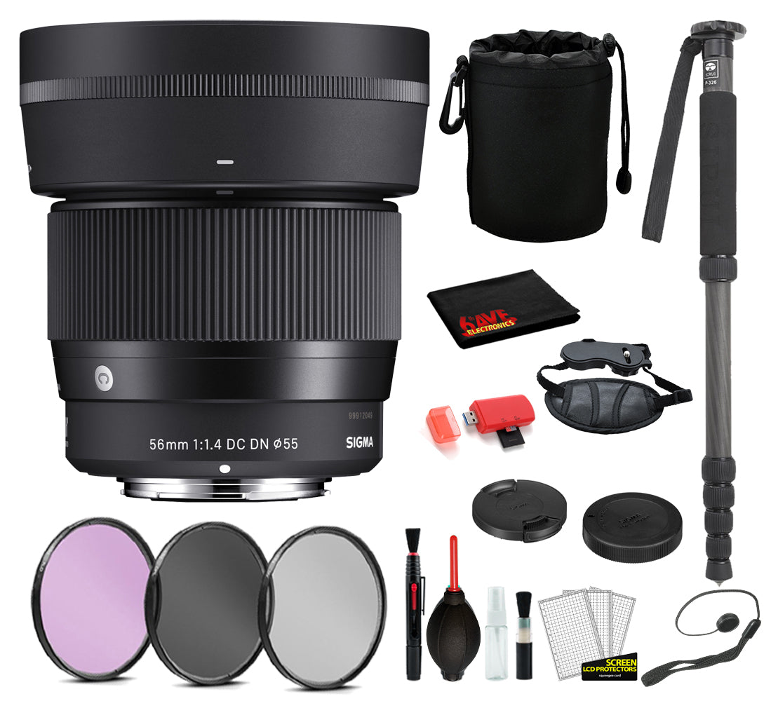 Sigma 56mm f/1.4 DC DN Contemporary Lens for Sony E Mount with: Pro Series Monopod, 3PC Filter Kit + More Sigma