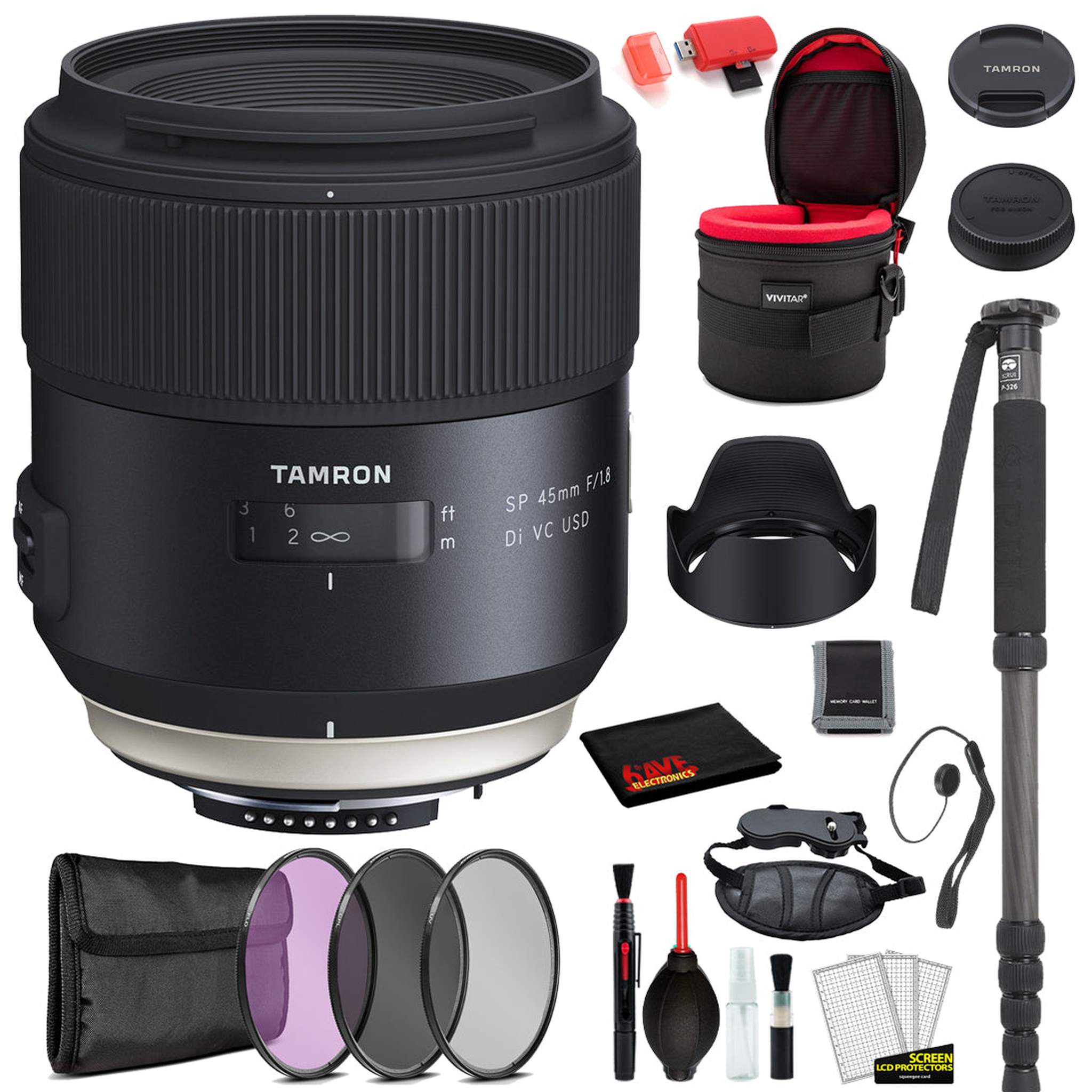 Tamron SP 45mm f/1.8 Di VC USD Lens for Nikon F with Bundle Includes: Vivtar Padded Lens Case, 3PC Filter Kit + More Tamron