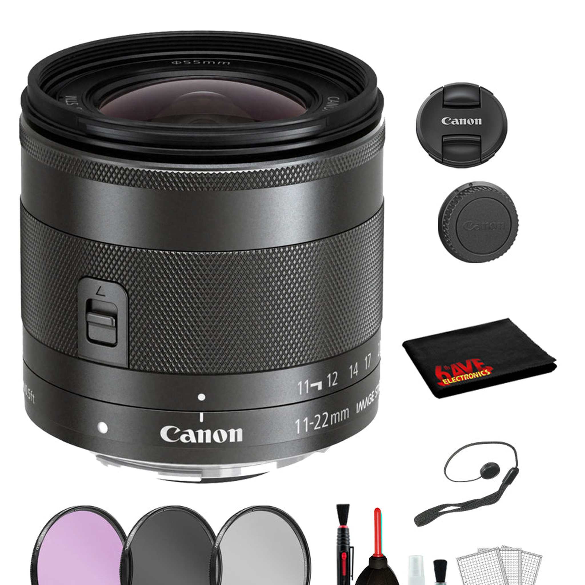 Canon EF-M 11-22mm f/4-5.6 IS STM Lens Lens with Bundle includes 3pc Filter Kit + Deluxe Cleaning Kit + More Canon