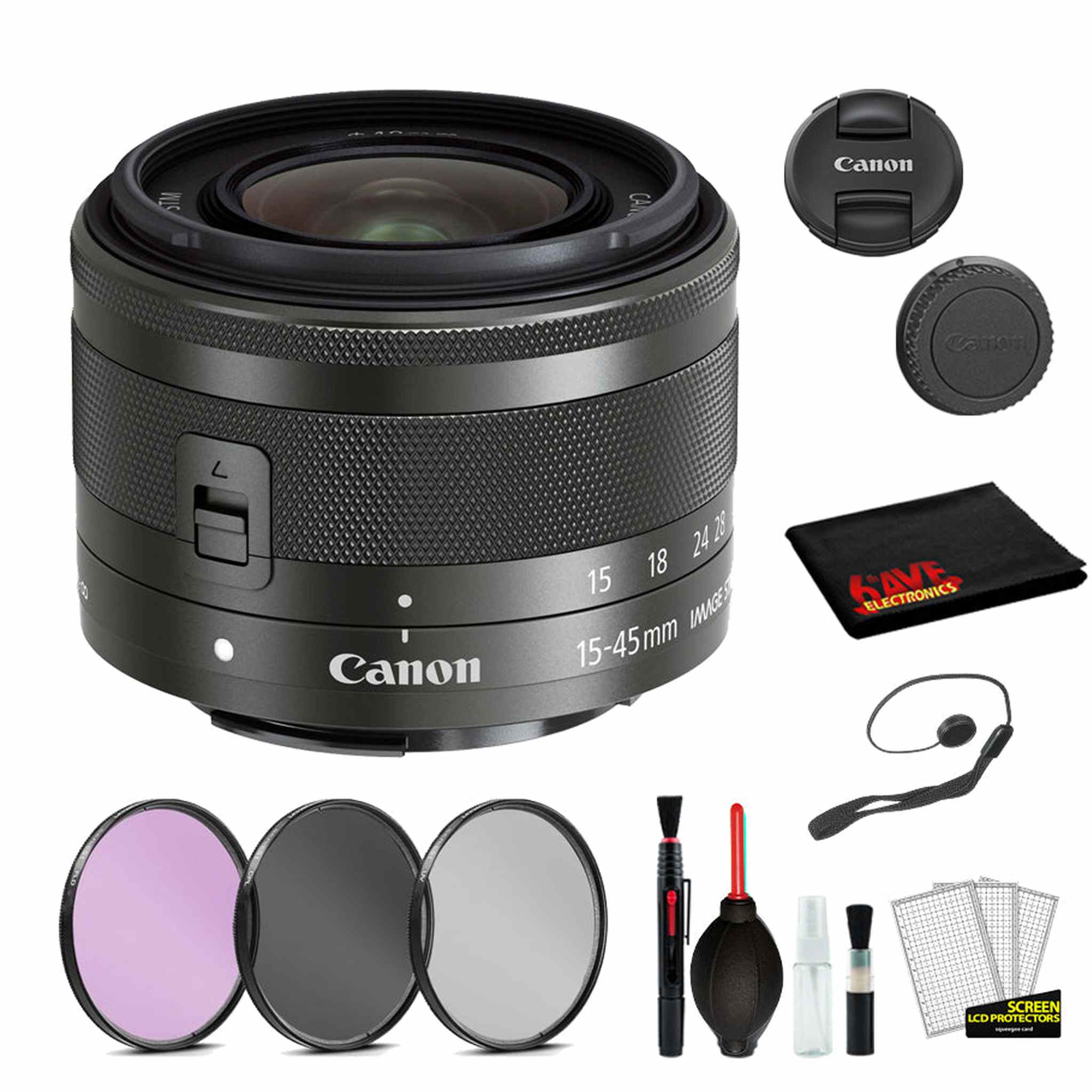 Canon EF-M 15-45mm f/3.5-6.3 IS STM Lens Graphite Lens Bundle includes 3pc Filter Kit + Deluxe Cleaning Kit + More Canon