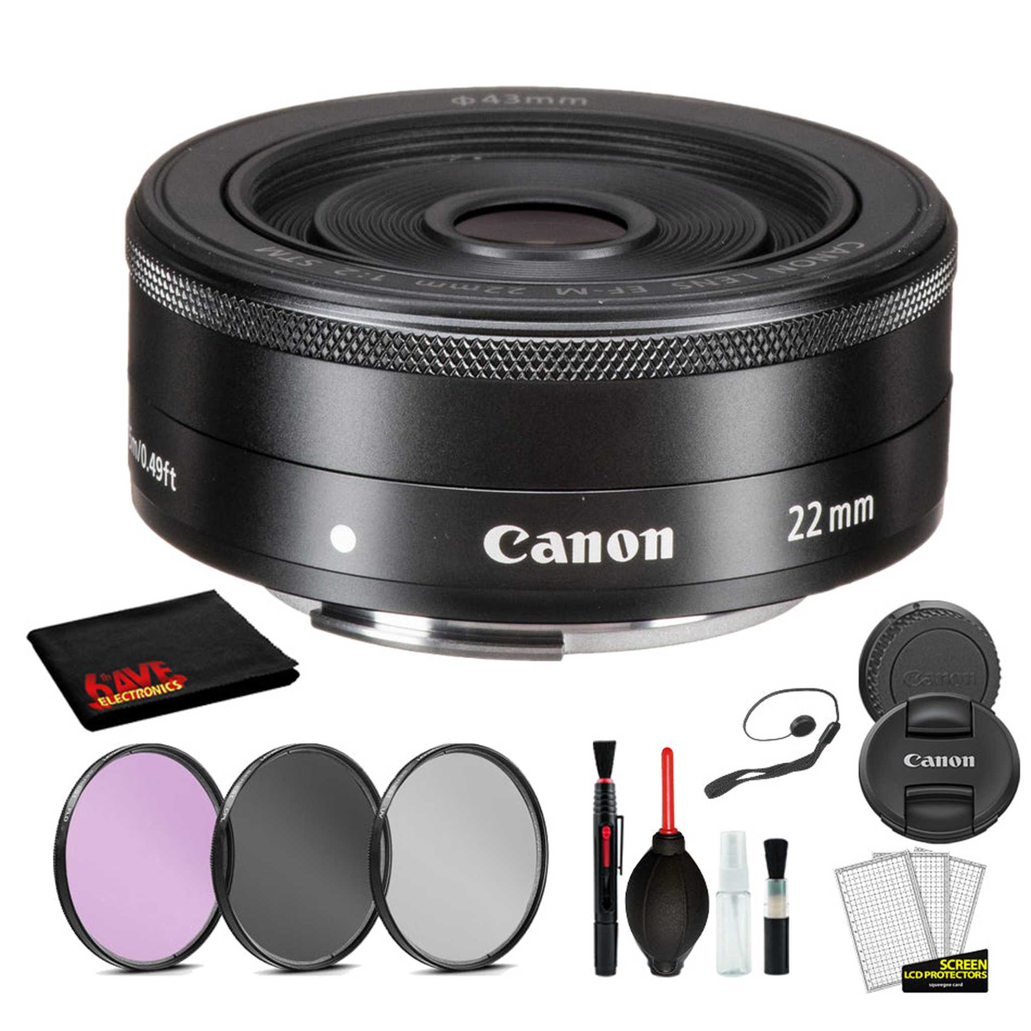 Canon EF-M 22mm f/2 STM Lens Graphite Lens with Bundle includes 3pc Filter Kit + Deluxe Cleaning Kit + More Canon