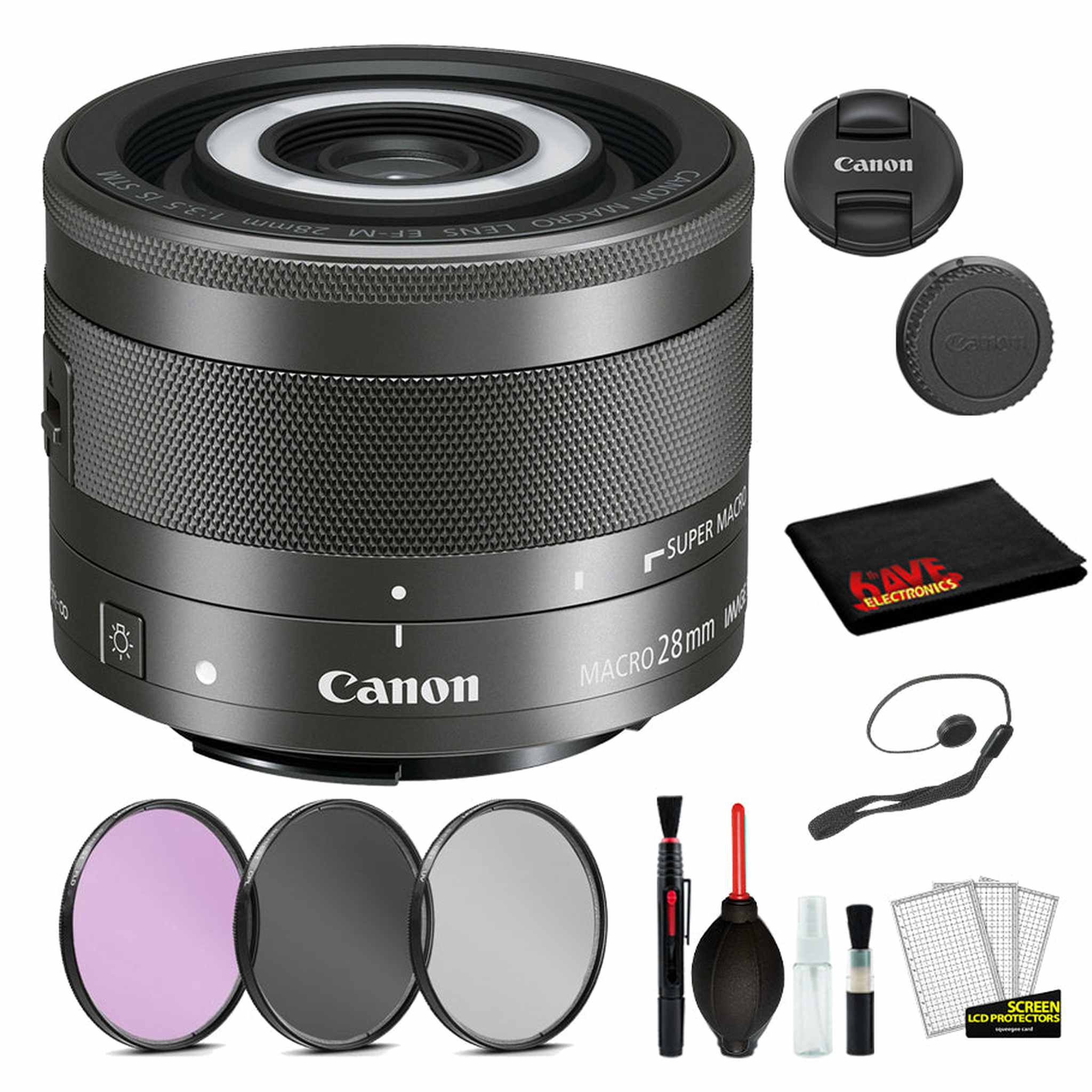 Canon EF-M 28mm f/3.5 Macro IS STM Lens 1362C002 Lens with Bundle includes 3pc Filter Kit + Deluxe Cleaning Kit + More Canon