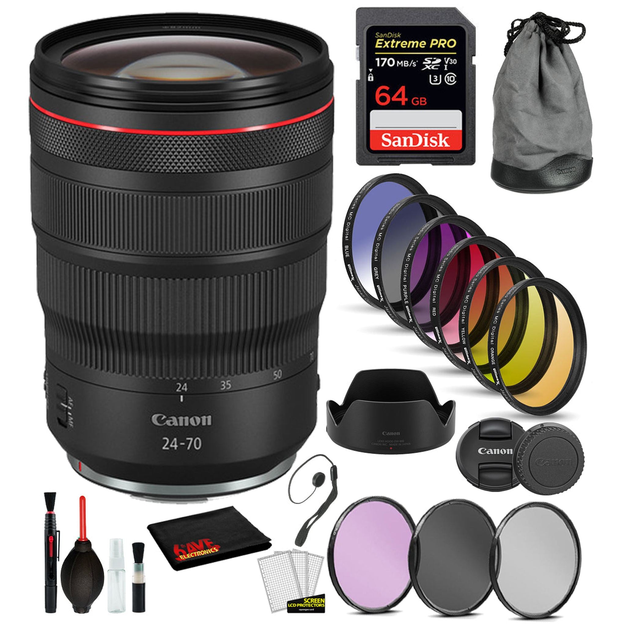 Canon RF 24-70mm f/2.8L IS USM Lens 3680C002 with Bundle Includes: 9PC Filter Kit, Sandisk Extreme Pro 64gb + More Canon