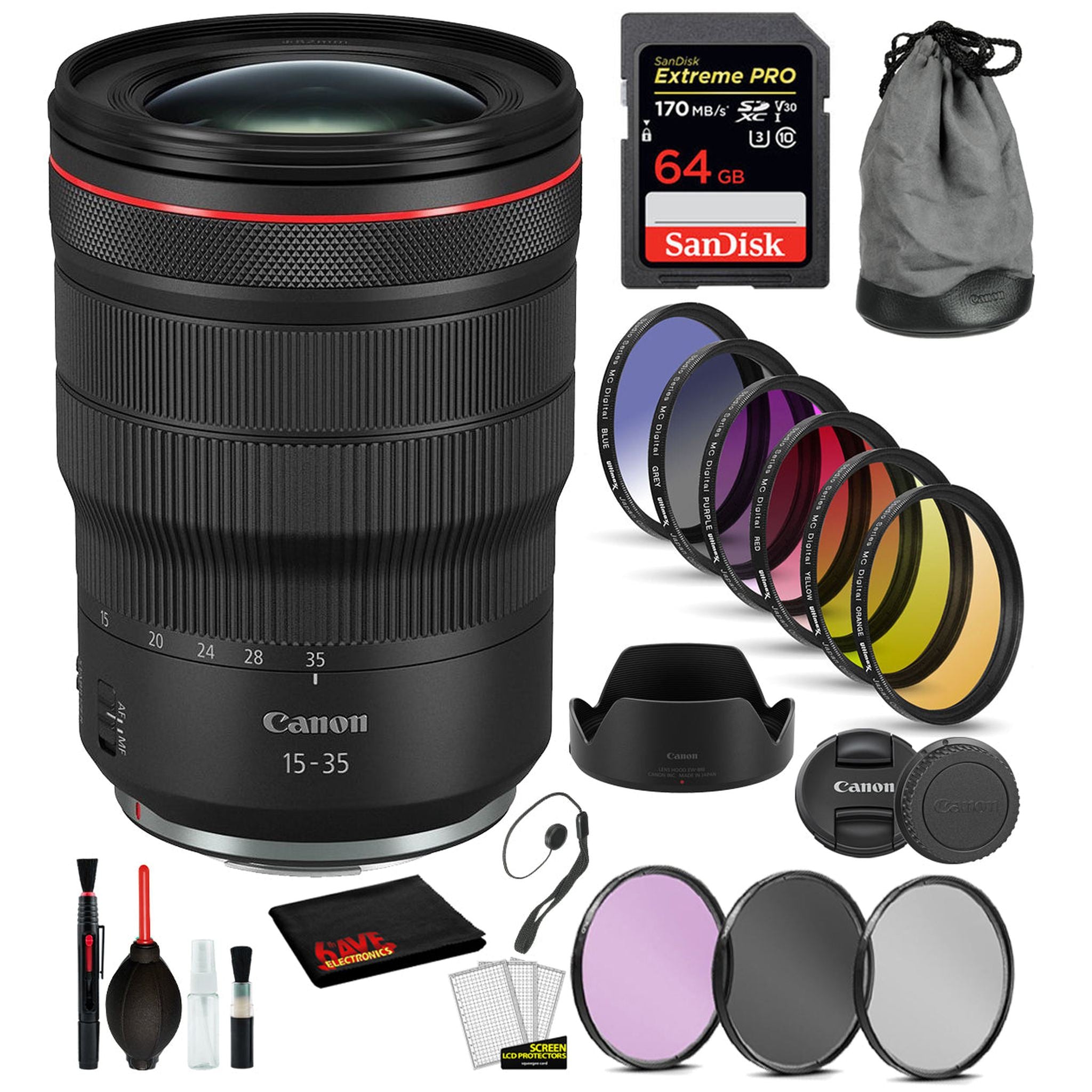 Canon RF 15-35mm f/2.8L IS USM Lens 3682C002 with Bundle Includes: 9PC Filter Kit, Sandisk Extreme Pro 64gb + More Canon