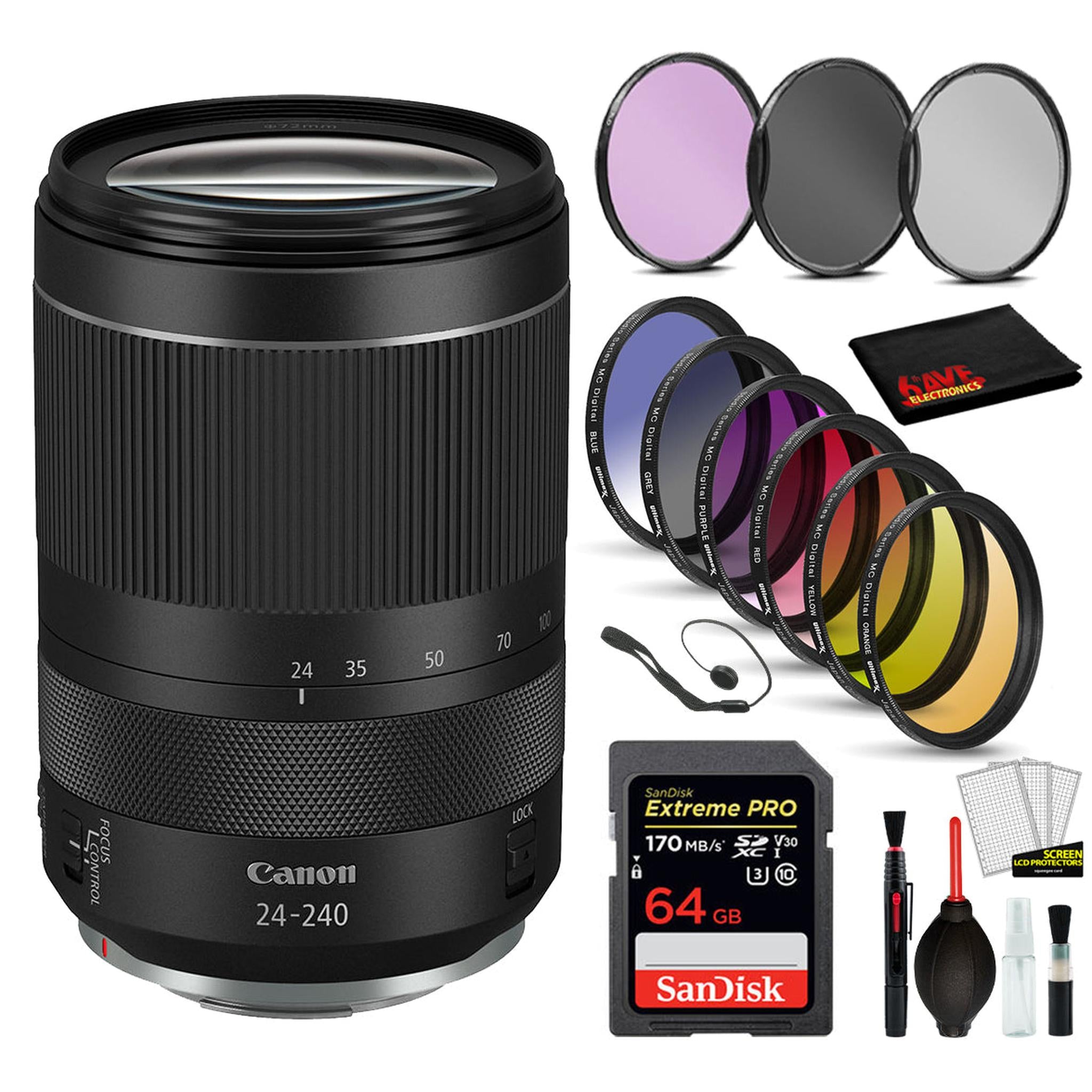 Canon RF 24-240mm f/4-6.3 IS USM Lens 3684C002 with Bundle Includes: 9PC Filter Kit, Sandisk Extreme Pro 64gb + More Canon