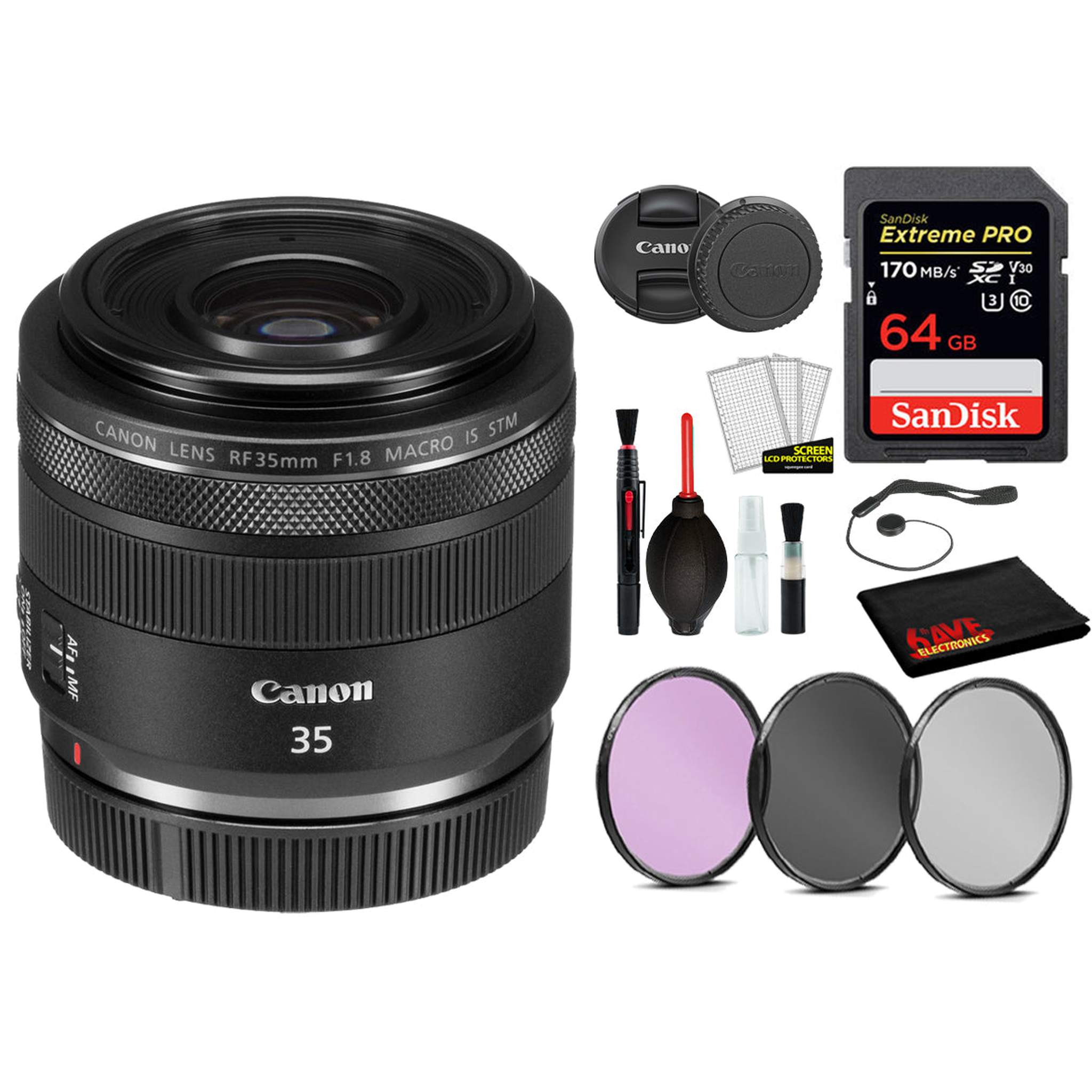 Canon RF 35mm f/1.8 IS Macro STM Lens 2973C002 with Bundle Includes: 9PC Filter Kit, Sandisk Extreme Pro 64gb + More Canon