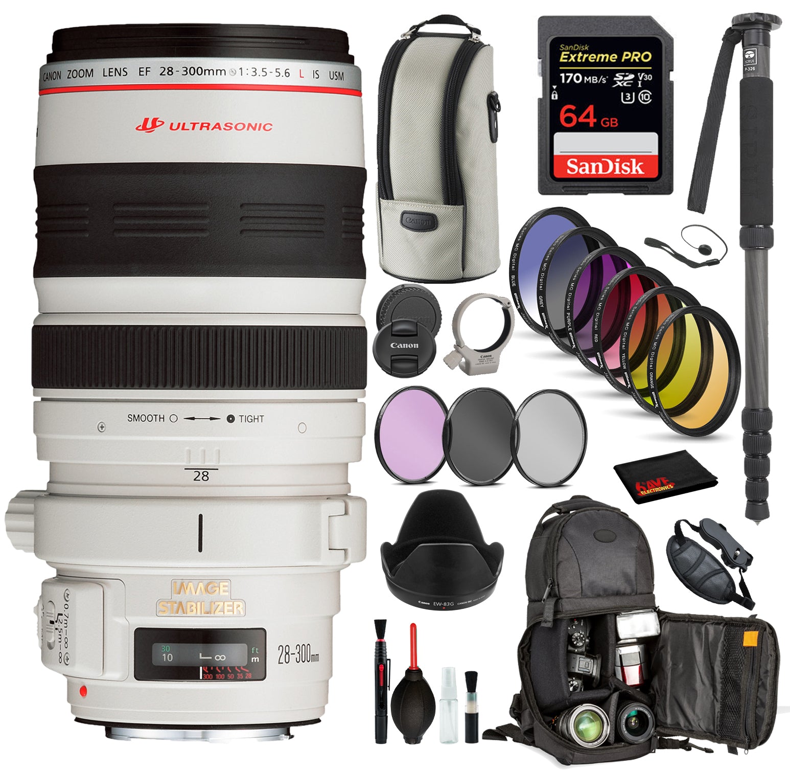 Canon EF 28-300mm f/3.5-5.6L IS USM Lens 9322A002 with Bundle : 9PC Filter Kit, Sandisk Extreme Pro 64gb + More Canon