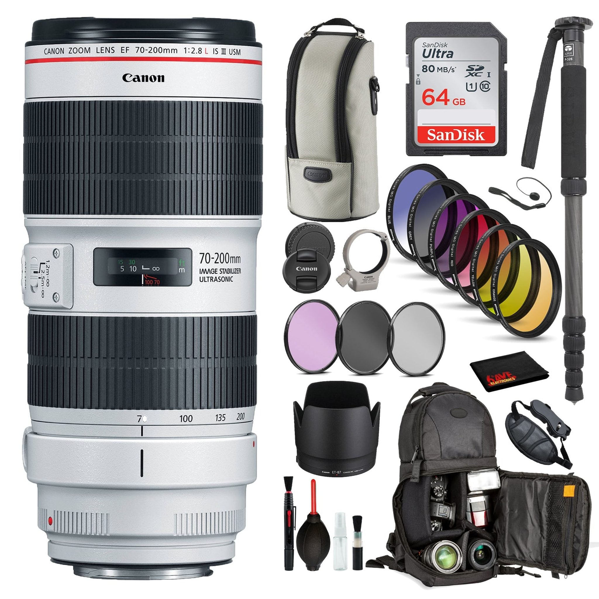 Canon EF 70-200mm f/2.8L IS III USM Lens 3044C002 with Bundle Includes: 9PC Filter Kit, Sandisk 64GB SD + More Canon