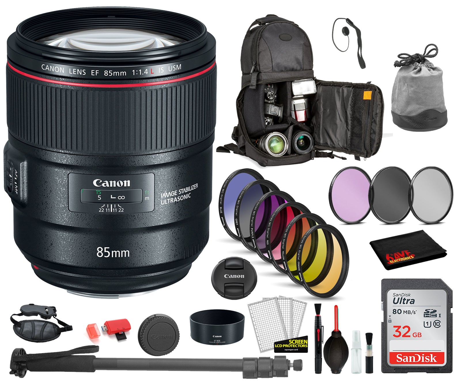 Canon EF 85mm f/1.4L IS USM Lens 2271C002 with Bundle Includes: 9PC Filter Kit, Sandisk 32GB SD + More Canon