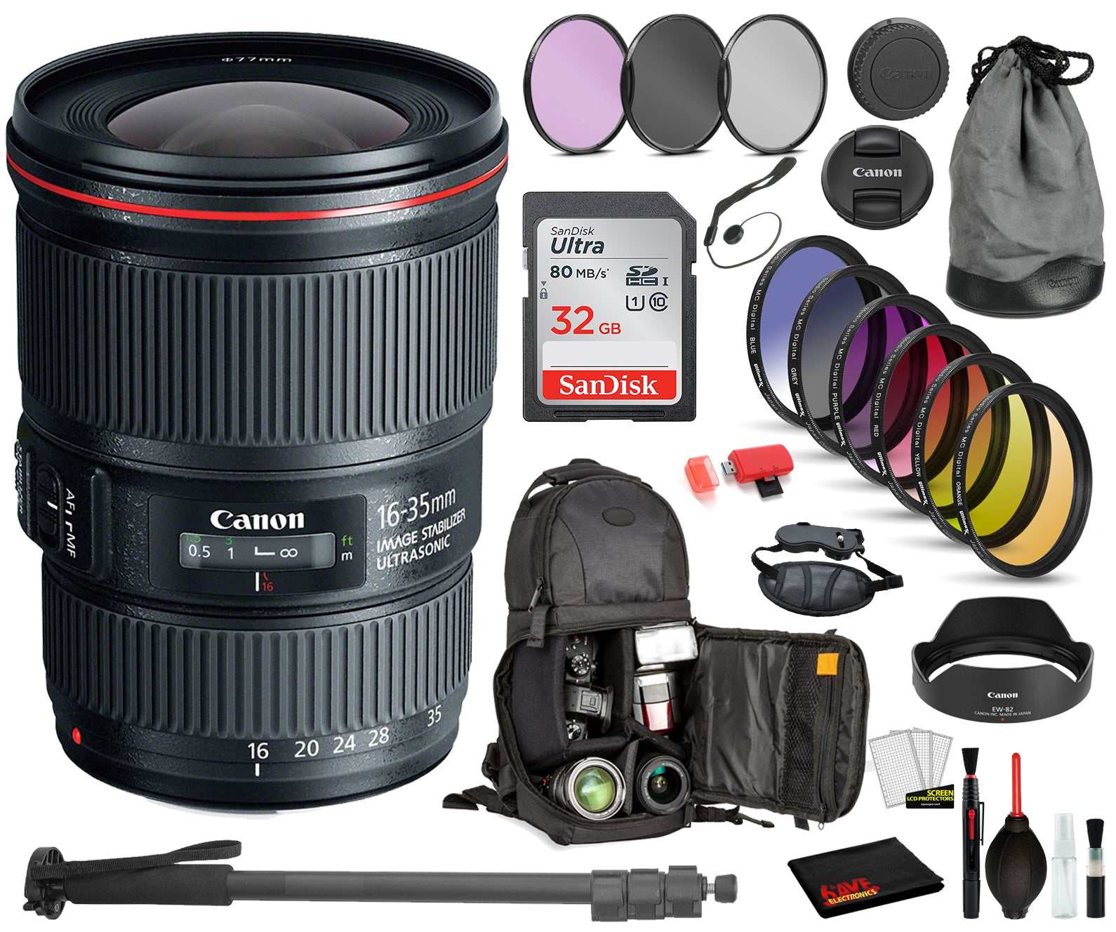 Canon EF 16-35mm f/4L IS USM Lens 9518B002 with Bundle Includes: 9PC Filter Kit, Sandisk 32GB SD + More Canon