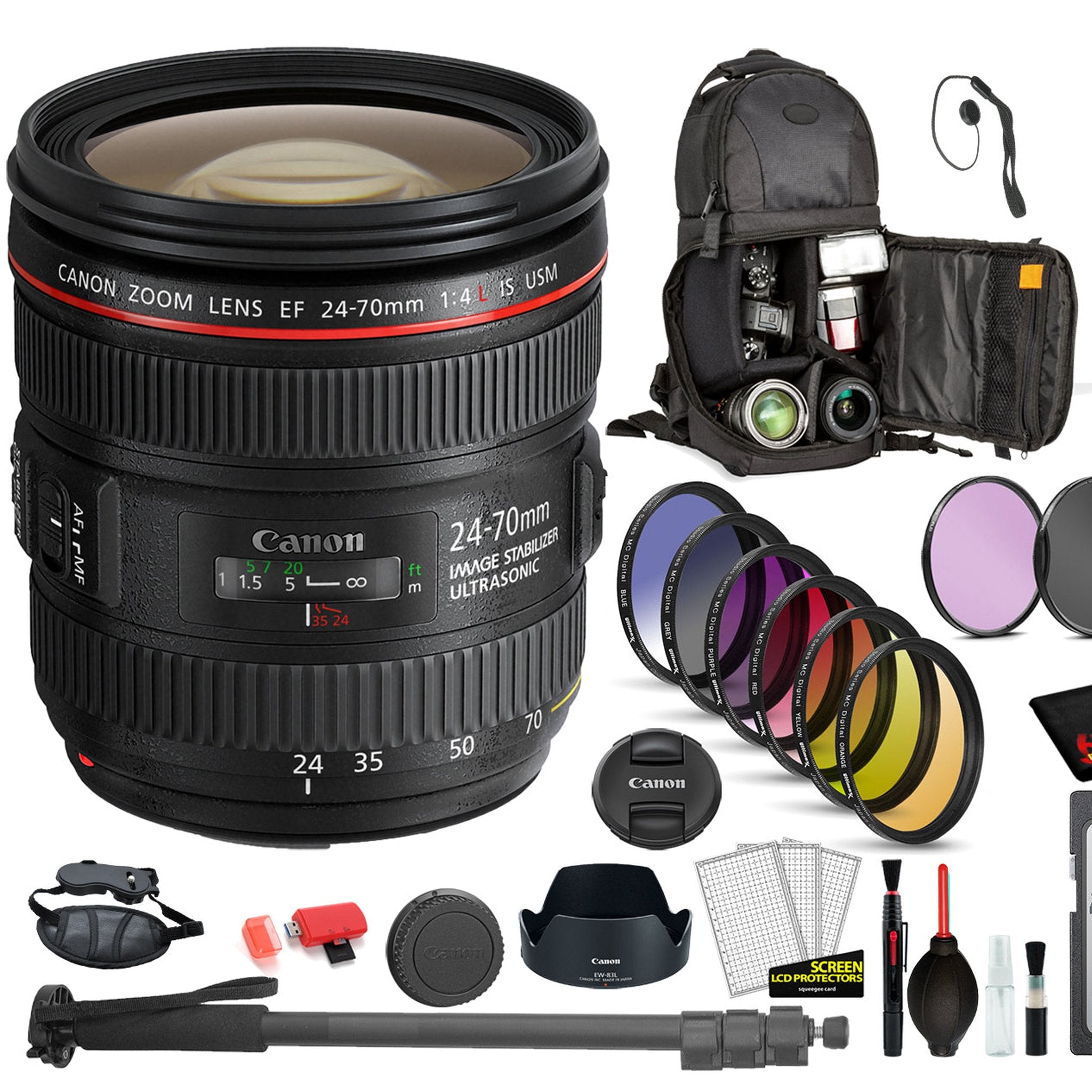 Canon EF 24-70mm f/4L IS USM Lens 6313B002 with Bundle Includes: 9PC Filter Kit, Sandisk 32GB SD + More Canon