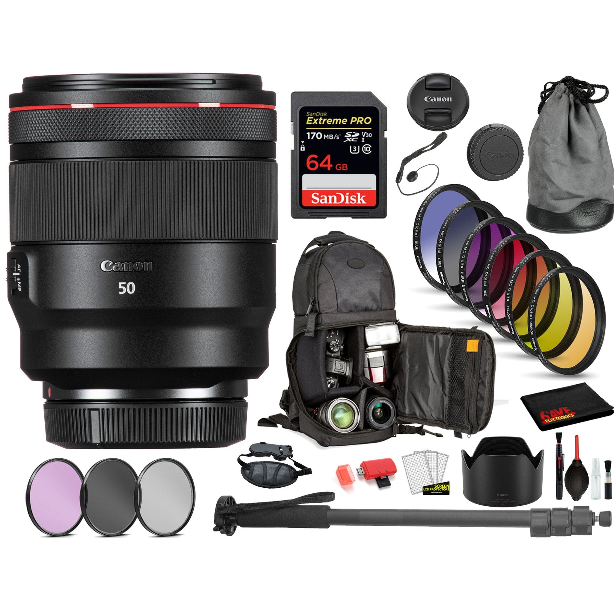 Canon RF 50mm f/1.2L USM Lens 2959C002 with Bundle Includes: 9PC Filter Kit, Sandisk Extreme PRO 64GB Card + More Canon